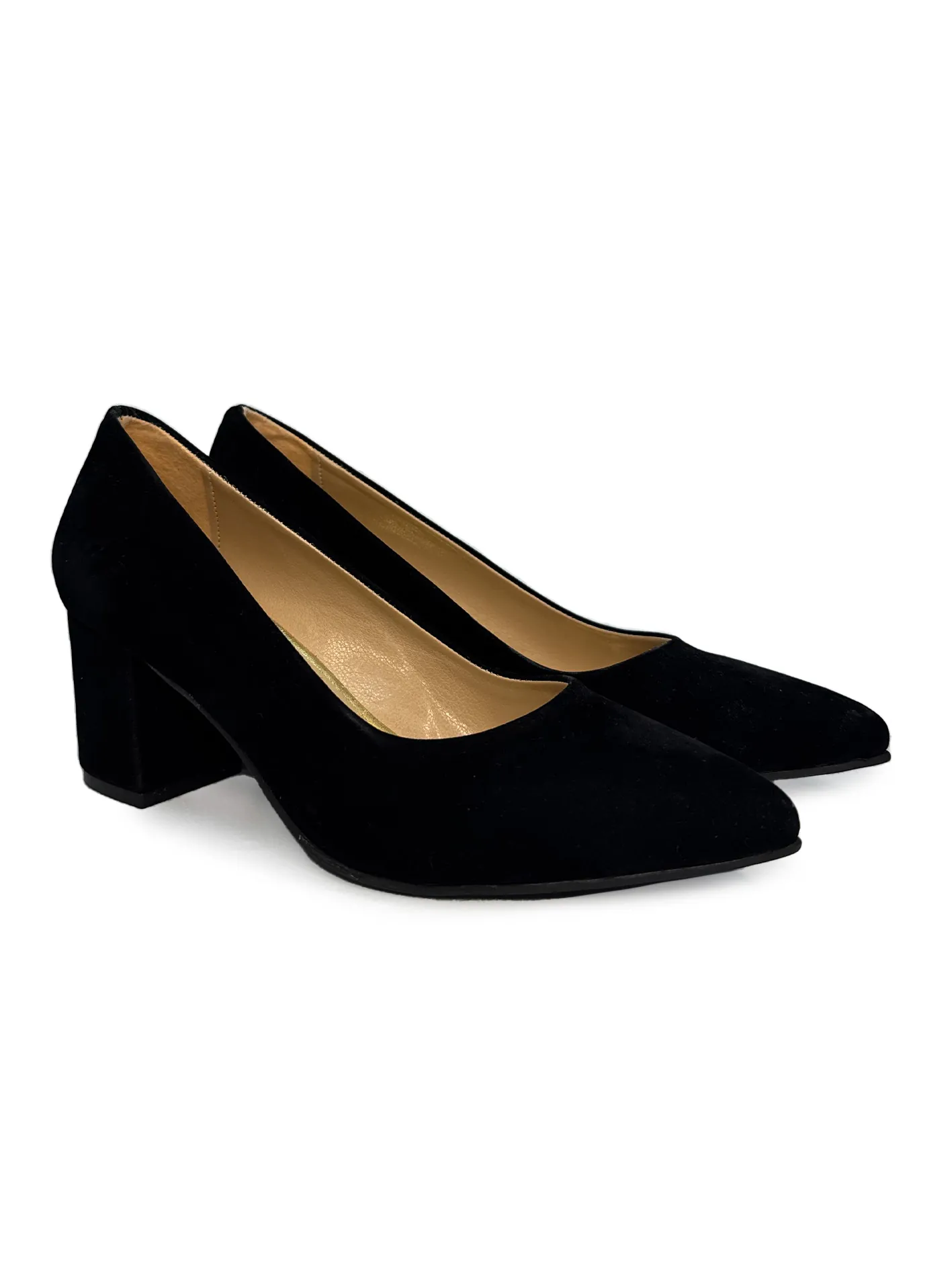 Crne plišane salonke - debela, niska štikla