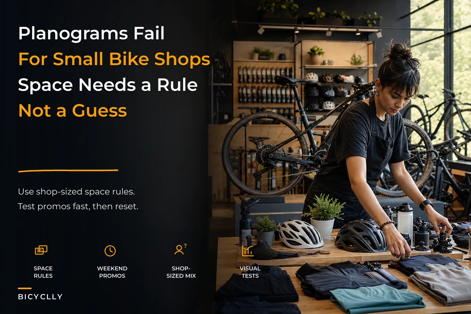 Merchandising That Fits Your Shop: Planogram Rules, Product Mix, and One-Week Promotion Tests for 600–1,200 sq ft Bike Shops