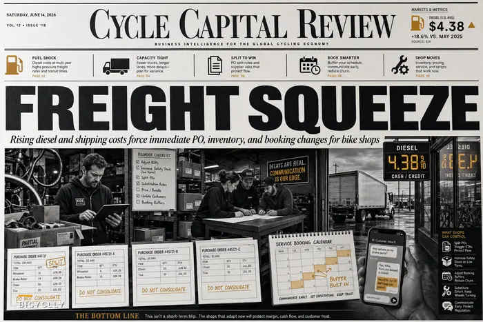 Tight Freight Markets and High Diesel Costs: Practical PO, Inventory, and Service‑Booking Moves for Bike Shops