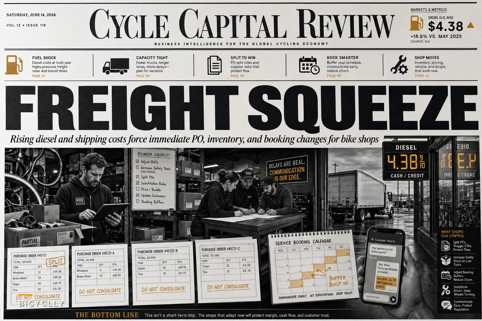 Tight Freight Markets and High Diesel Costs: Practical PO, Inventory, and Service-Booking Moves for Bike Shops