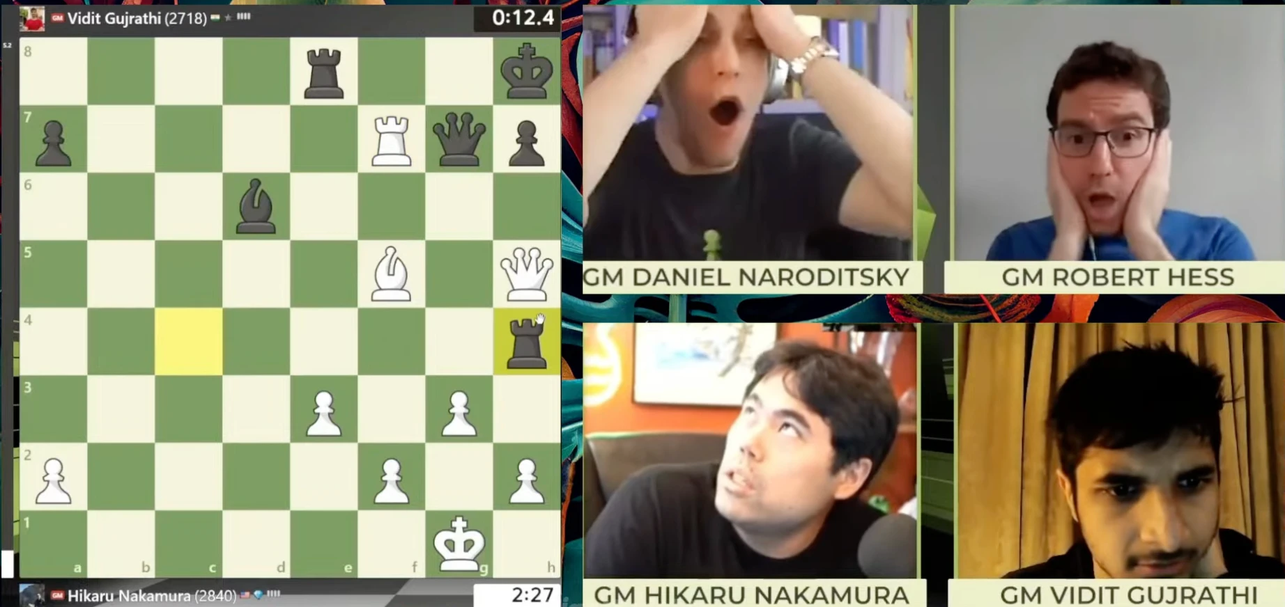 GM Naroditsky and GM Robert Hess react to GM Nakamura blundering in a game in the Rapid Chess Championship.