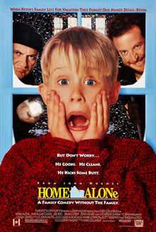 A Home Alone movie poster showing a child in a red sweater with his hands on his cheeks, with faces visible behind him.