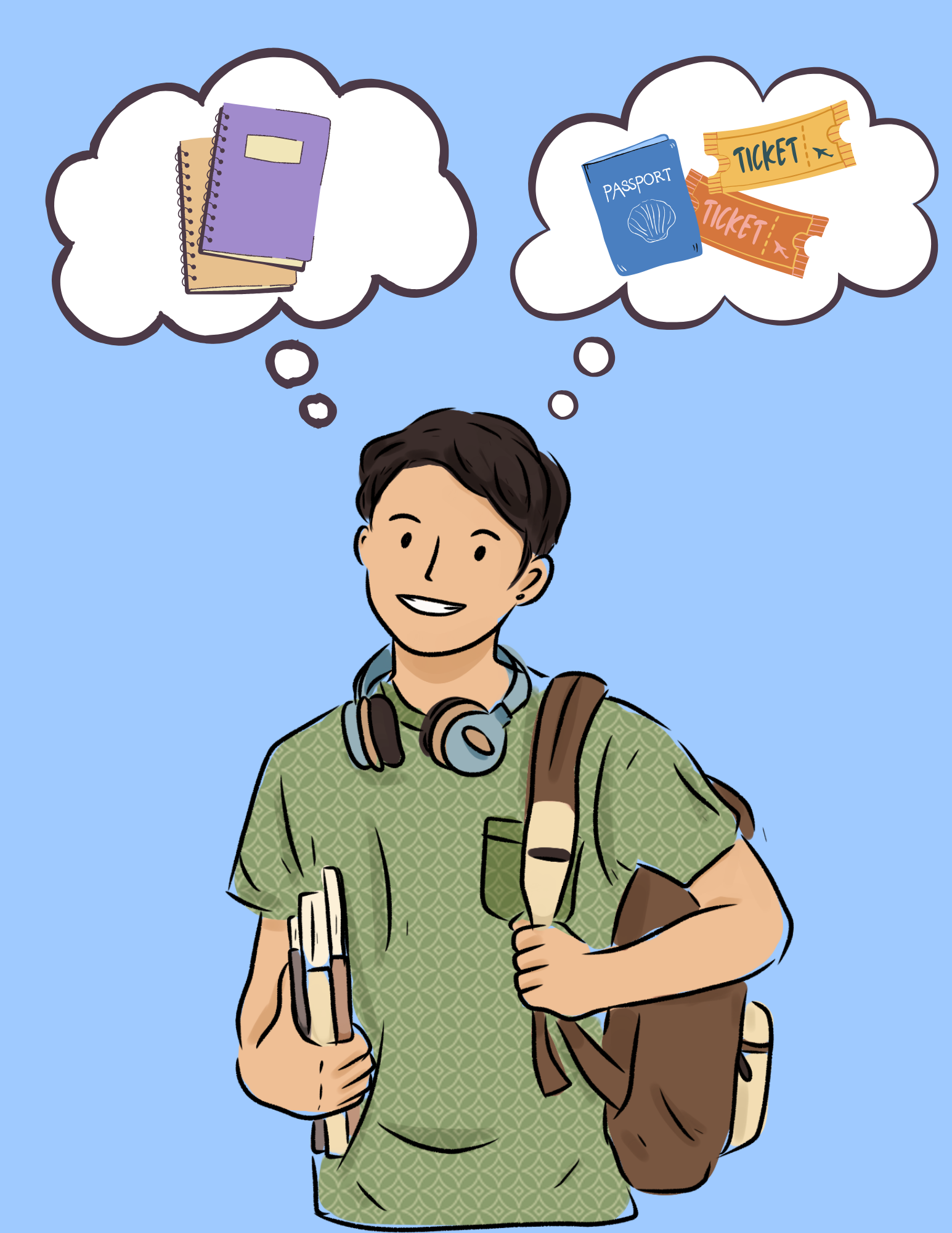 Illustration of a student carrying school supplies and a backpack, with thought bubbles showing notebooks and college-related items.
