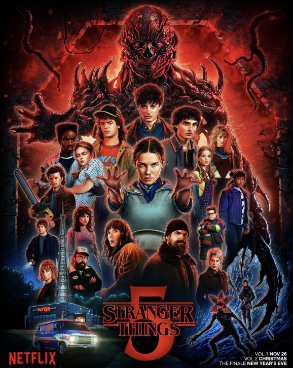 Stranger Things 5 promotional poster showing Eleven and other characters in front of Vecna