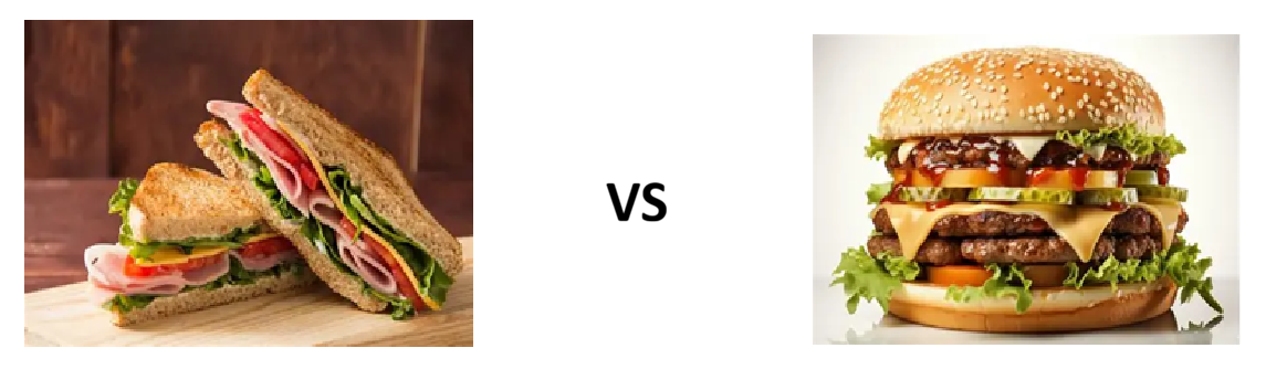 A sandwich and a hamburger shown on opposite sides of a graphic marked “VS.”
