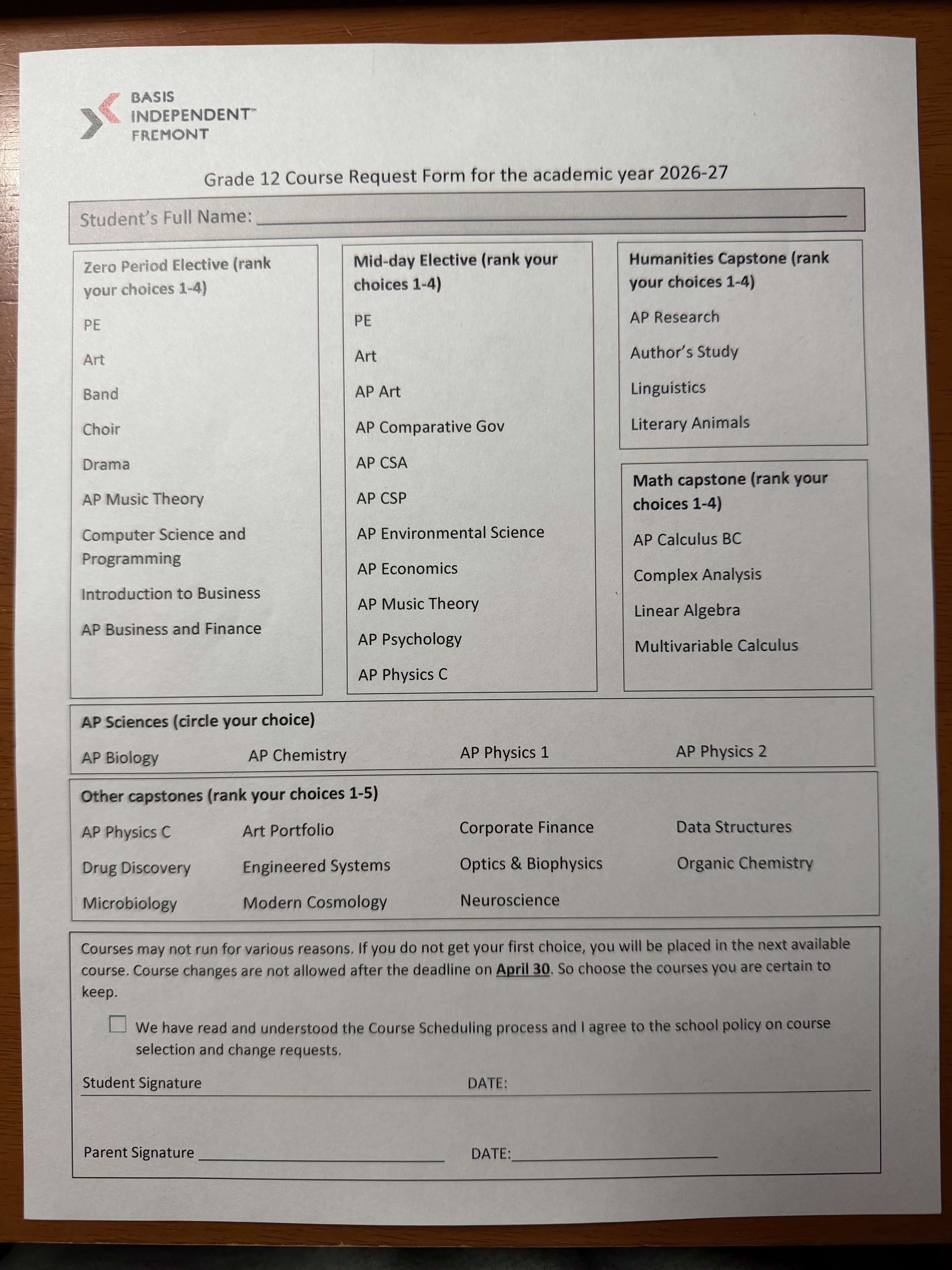Printed Grade 12 course request form listing elective and capstone course options.