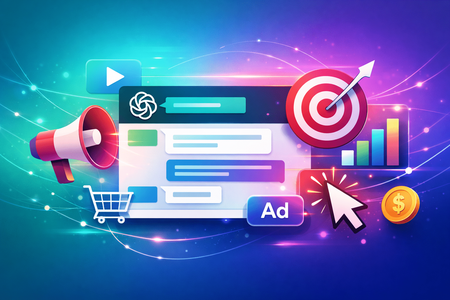 Colorful illustration of an online advertisement interface with an ad label, shopping cart, target, cursor, and analytics graphics.