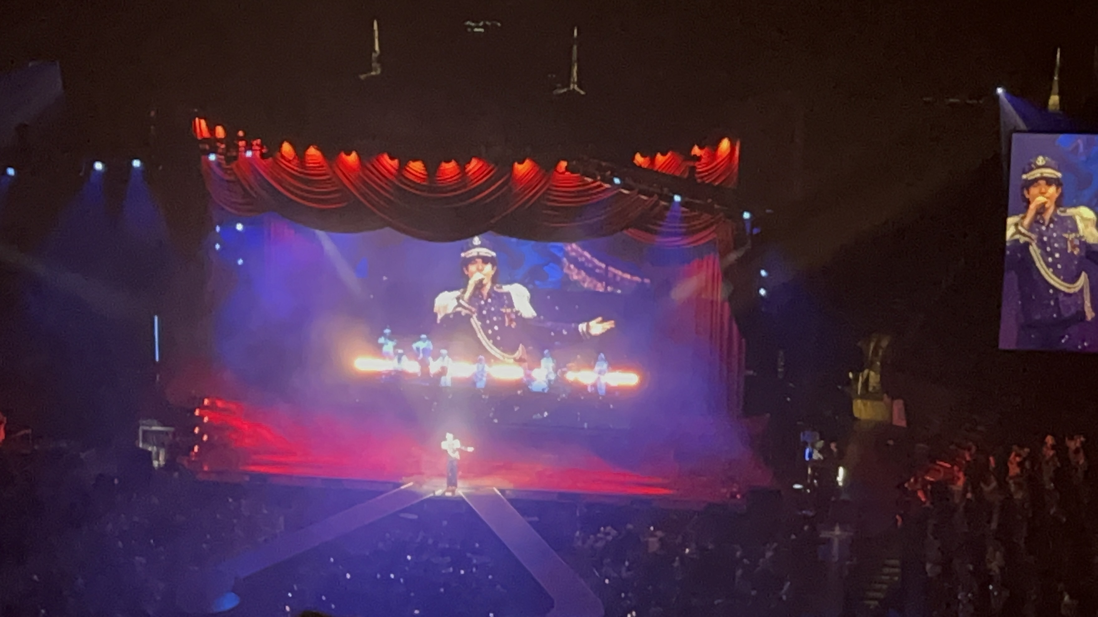 Performer on a concert stage under red and blue lights, with a catwalk and audience in the foreground.