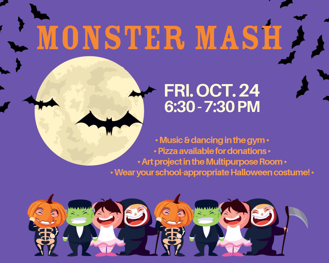 Hamblen PTG’s Monster Mash Family Dance! Oct 24, 6:30–7:30 PM. Costumes, music, pizza by donation & fun for the whole family.