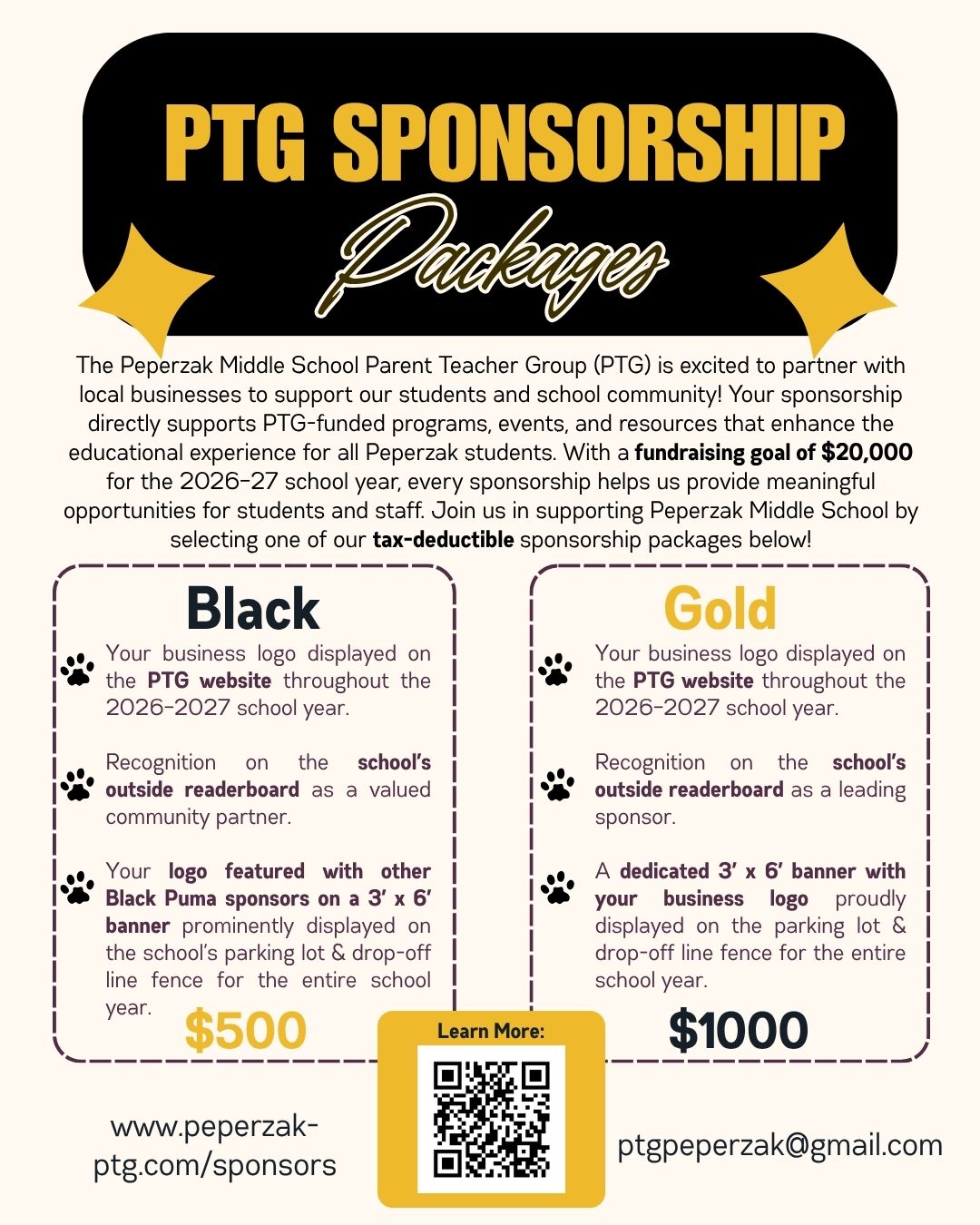 black and gold sponsorship informational flyer