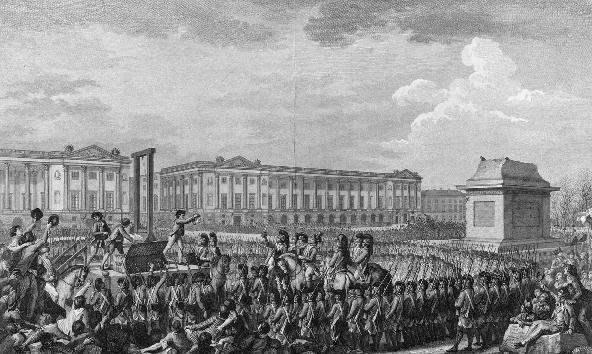 The execution of Louis XVI on 21 January 1793, in an engraving by Isidore Stanislas Helman after Charles Monnet. (Bibliotheque nationale de France, public domain, via Wikimedia Commons)