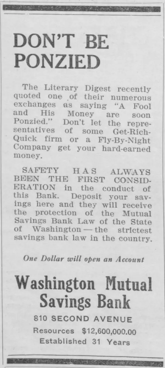 A 1920 advertisement from a Seattle bank warning readers "Don't Be Ponzied". (Advertisement: Washington Mutual Savings Bank, public domain, via Wikimedia Commons)