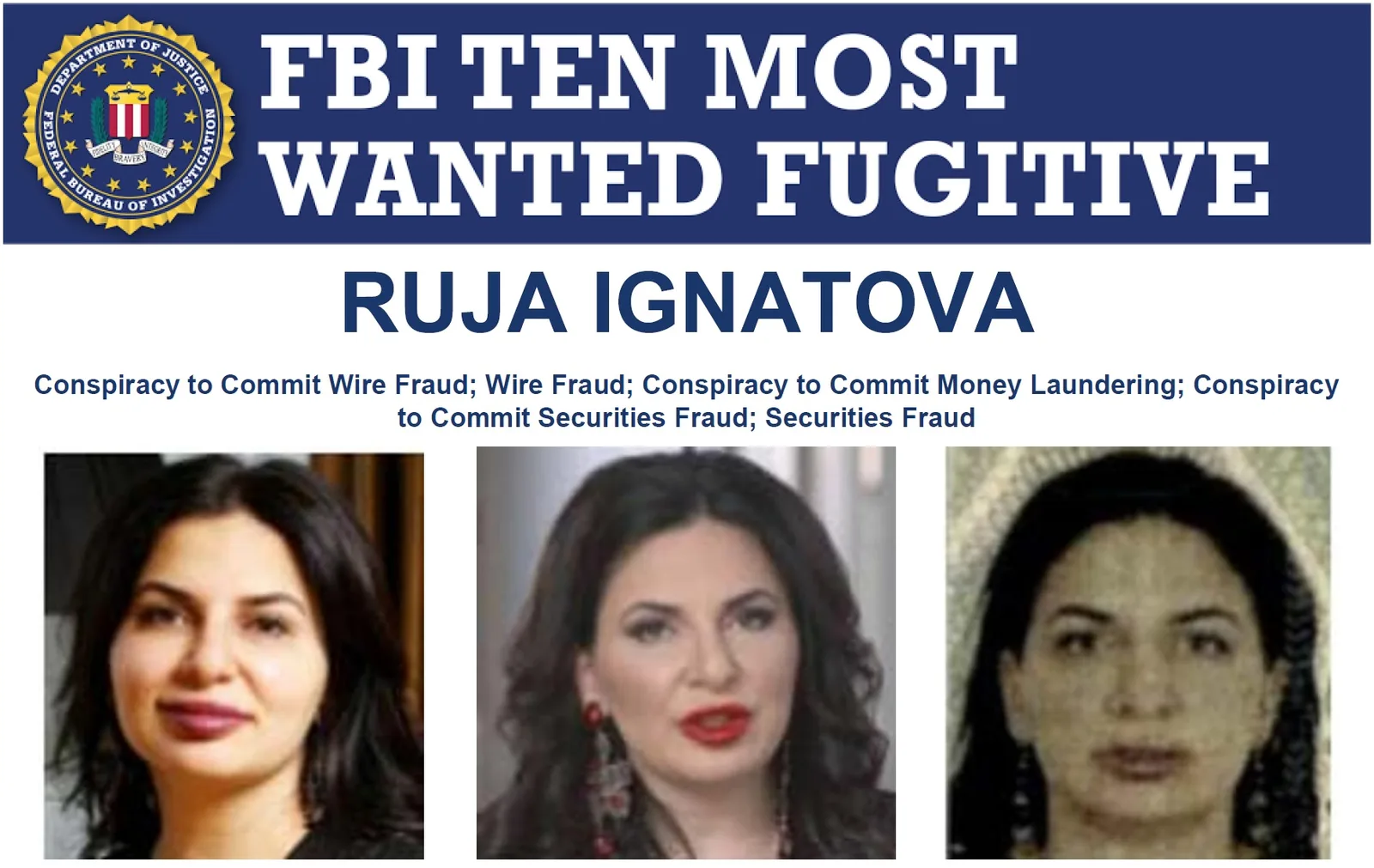 Ruja Ignatova on the FBI's Ten Most Wanted Fugitives poster. (Poster: Federal Bureau of Investigation, public domain, via Wikimedia Commons)