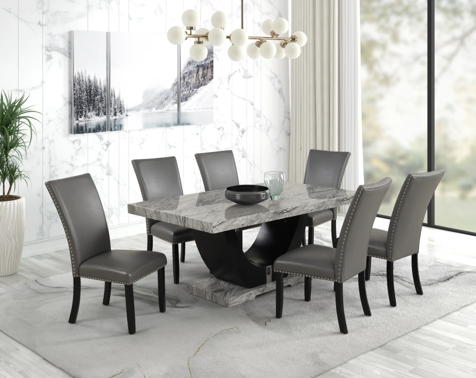 Vivian - 5PC Dining Set, MDF/ SOLID RUBBER WOOD/ PU, Gray / Black