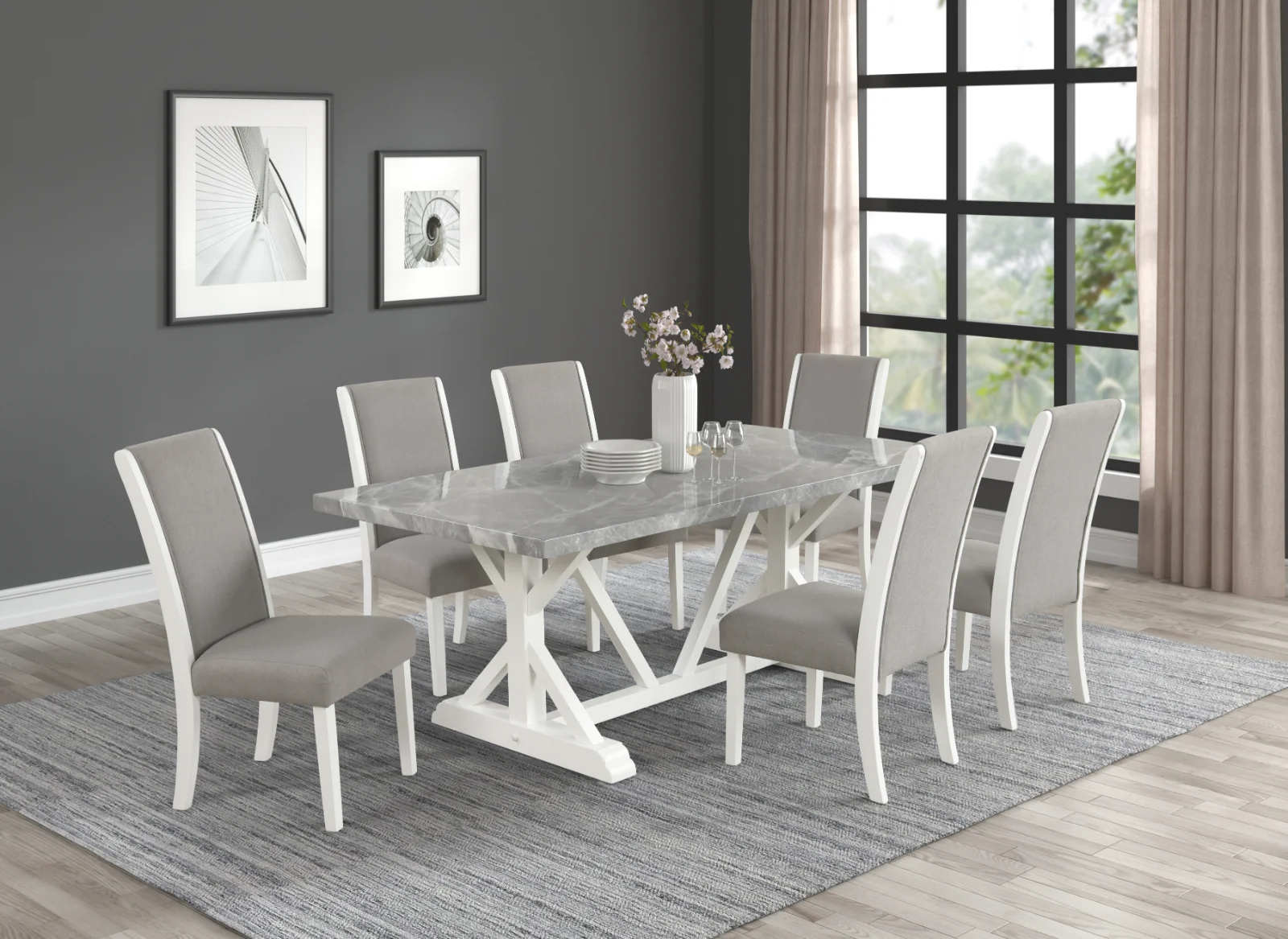 Sarah - 7PC Dining Set, MDF/ SOLID WOOD/ FABRIC, White/Gray