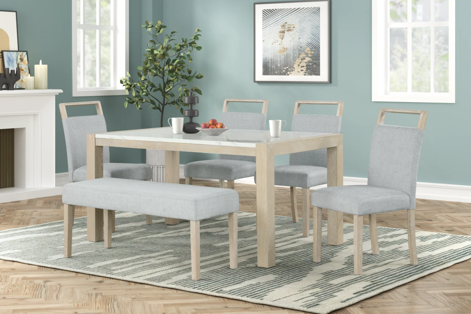 Skyla - White & Gray 6PC Dining Set, Table & 4 Chairs & Bench