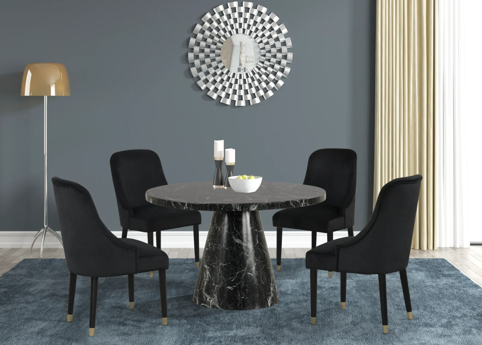 Eva - 5PC Dining Set (Black & Gray), MDF/ SOLID RUBER WOOD / VELVET, Black / Gray Each