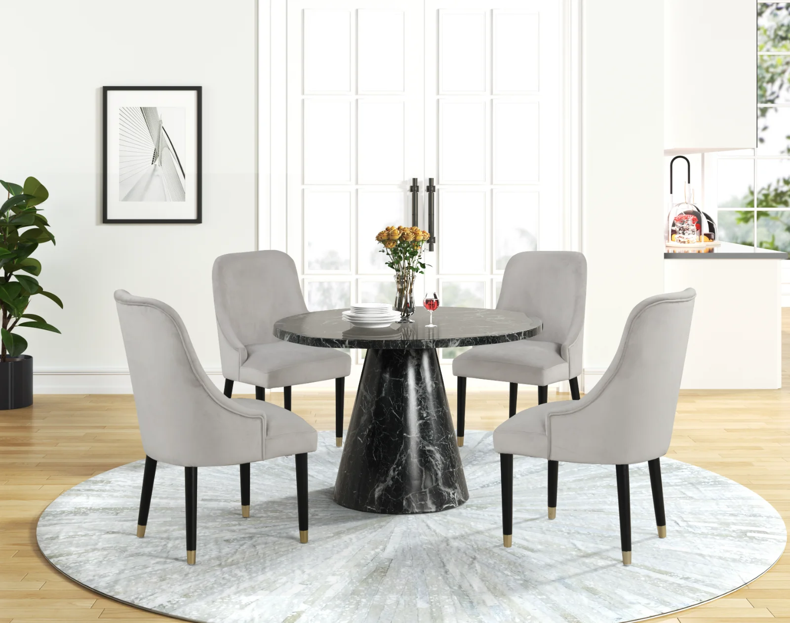 Eva - 5PC Dining Set (Black & Gray), MDF/ SOLID RUBER WOOD / VELVET, Black / Gray Each — photo 2