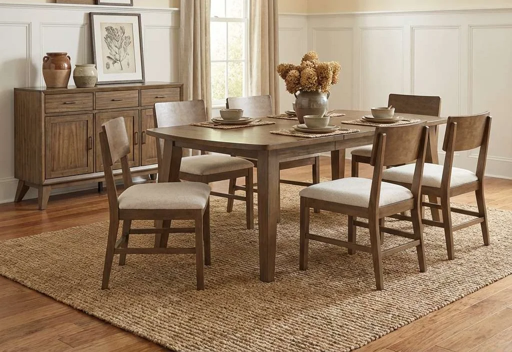 Ellison - 7PC Dining Set, Solid Rubber Wood, MDF, Acaica Veneer, Plywood, Fabric, Brown Each