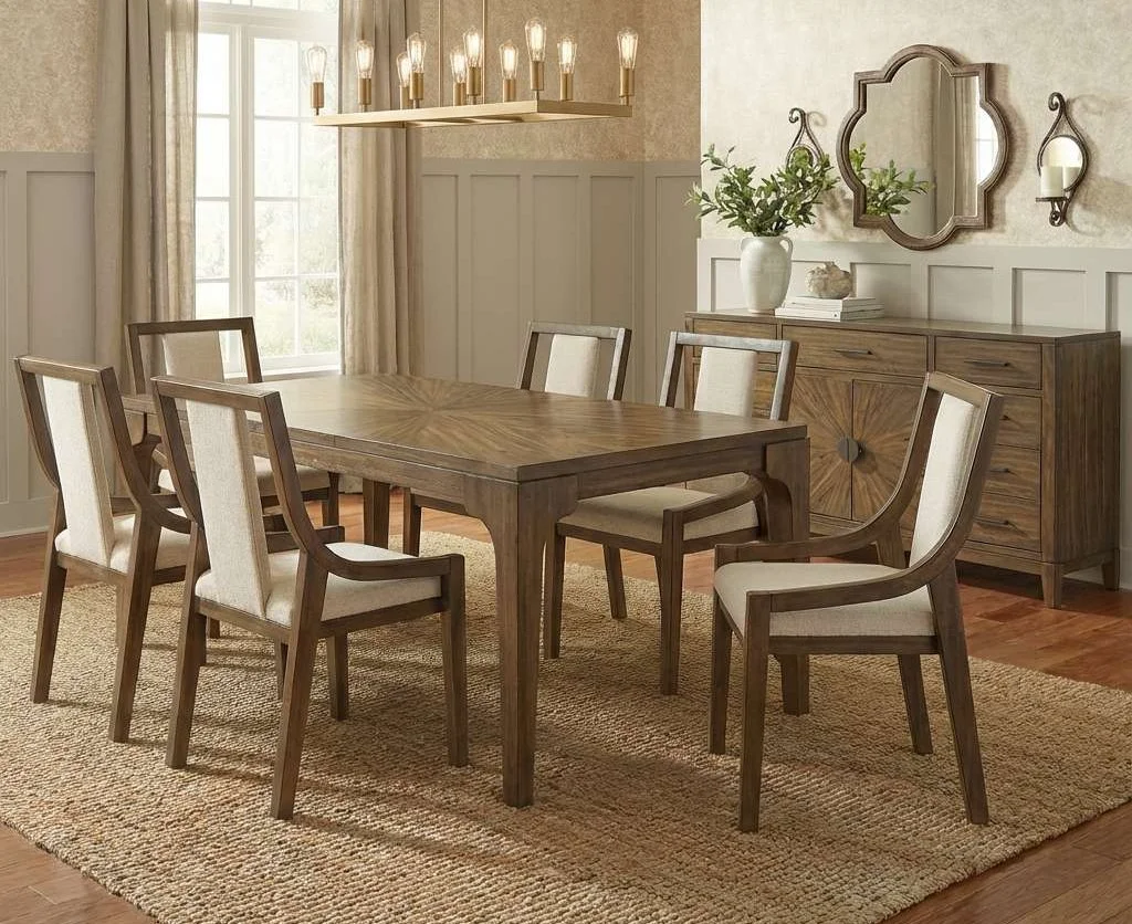 Langford - 7PC Dining Set, Solid Rubber Wood, MDF, Acaica Veneer, Plywood, Fabric, Brown Each