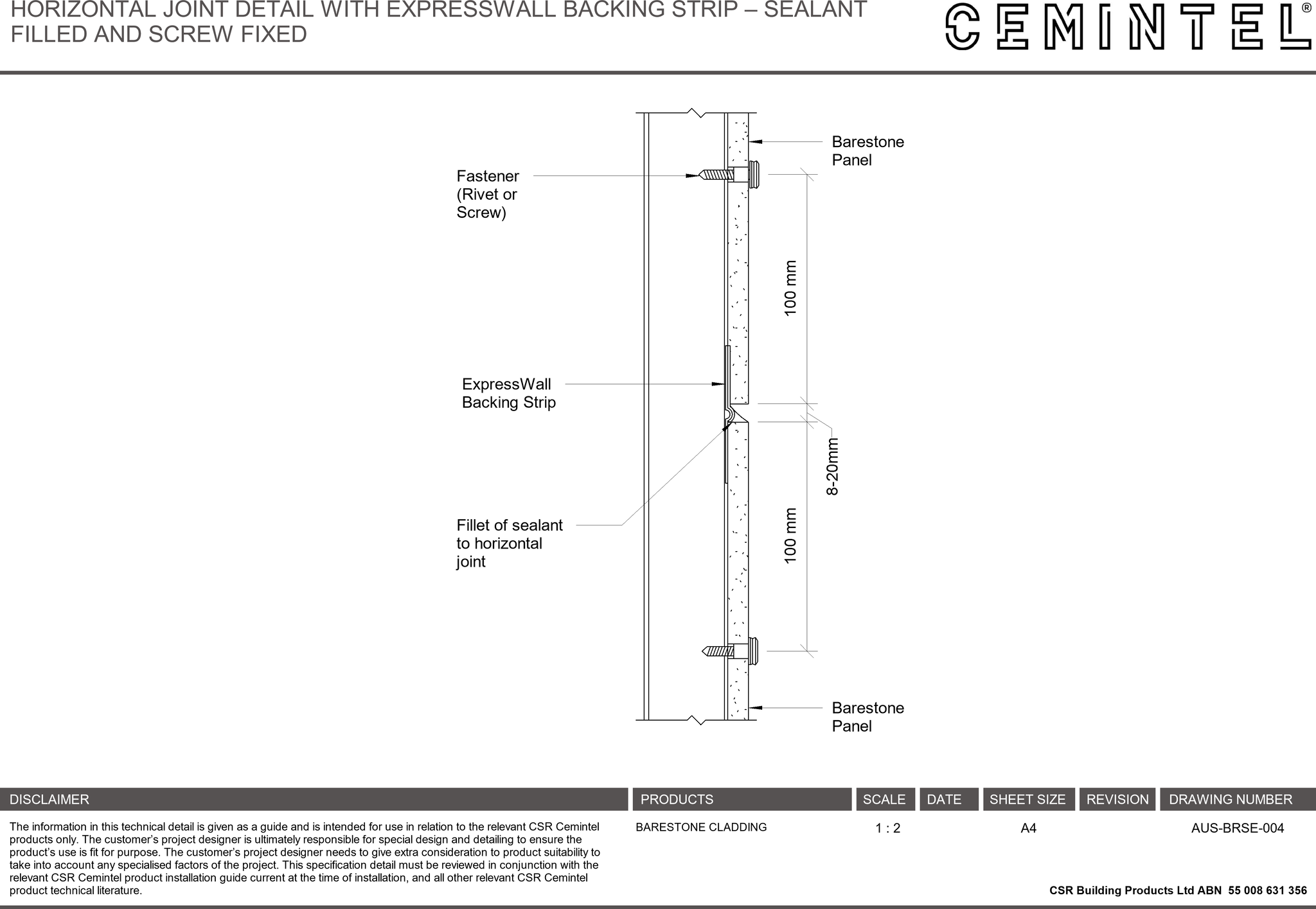 AUS-BRSE-004 - HORIZONTAL JOINT DETAIL WITH EXPRESSWALL BACKING STRIP – SEALANT FILLED AND SCREW FIXED