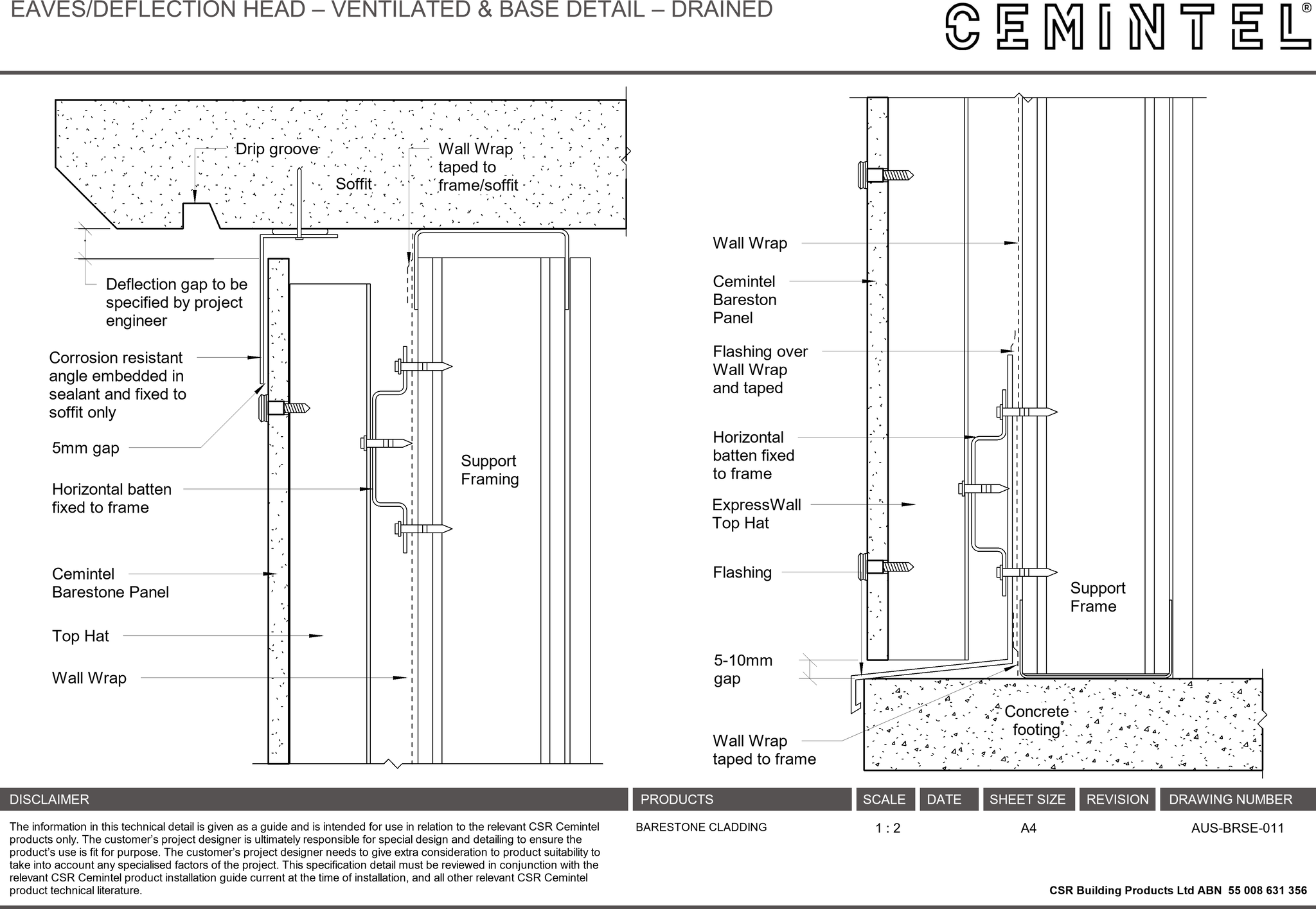 AUS-BRSE-011 - EAVES-DEFLECTION HEAD – VENTILATED & BASE DETAIL – DRAINED
