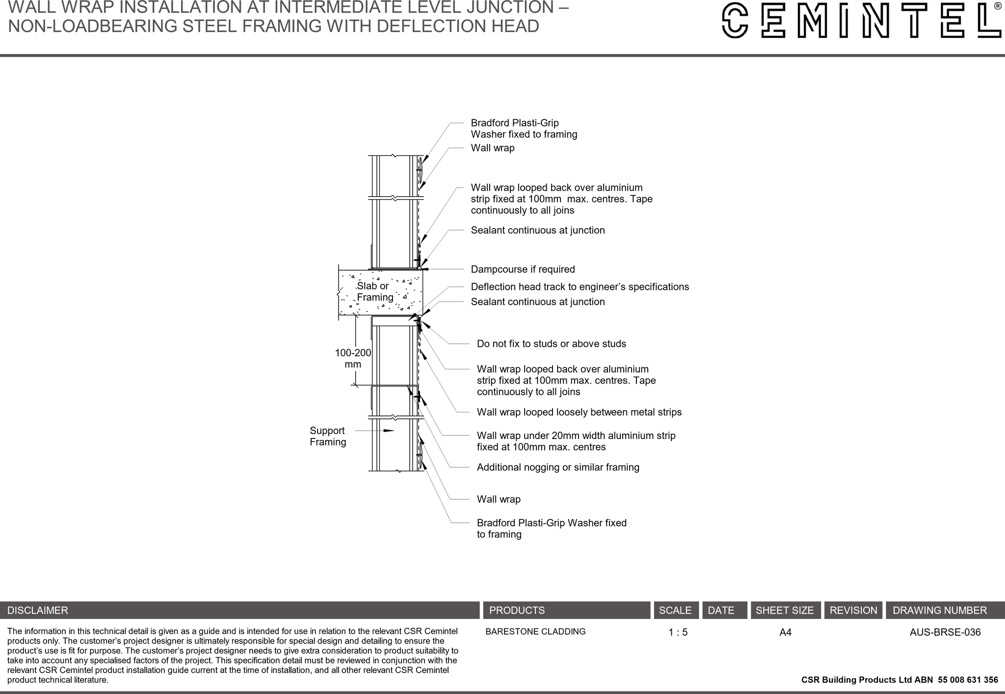 Navigate to AUS-BRSE-036 - WALL WRAP INSTALLATION AT INTERMEDIATE LEVEL JUNCTION – NON-LOADBEARING STEEL FRAMING WITH DEFLECTION HEAD
