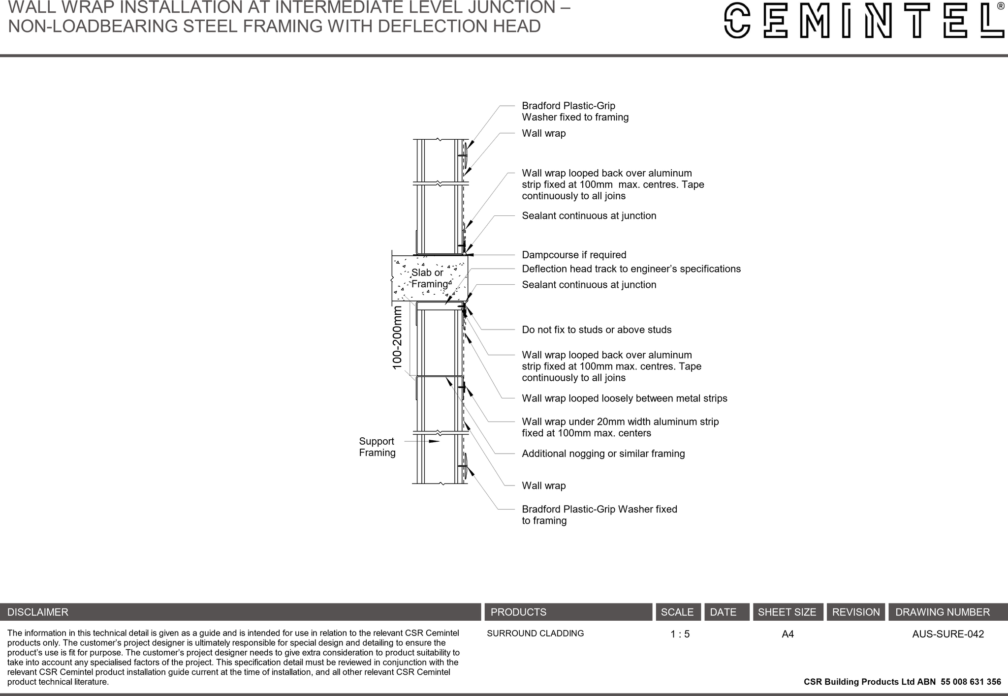 Navigate to AUS-SURE-042 - WALL WRAP INSTALLATION AT INTERMEDIATE LEVEL JUNCTION – NON-LOADBEARING STEEL FRAMING WITH DEFLECTION HEAD