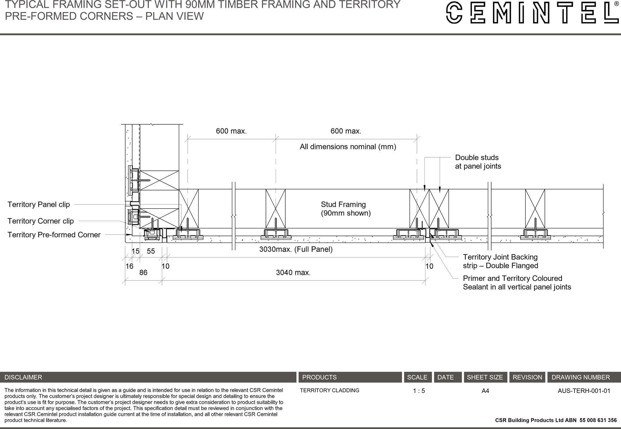 Navigate to AUS-TERH-001-01 - TYPICAL FRAMING SET-OUT WITH 90MM TIMBER FRAMING AND TERRITORY PRE-FORMED CORNERS – PLAN VIEW