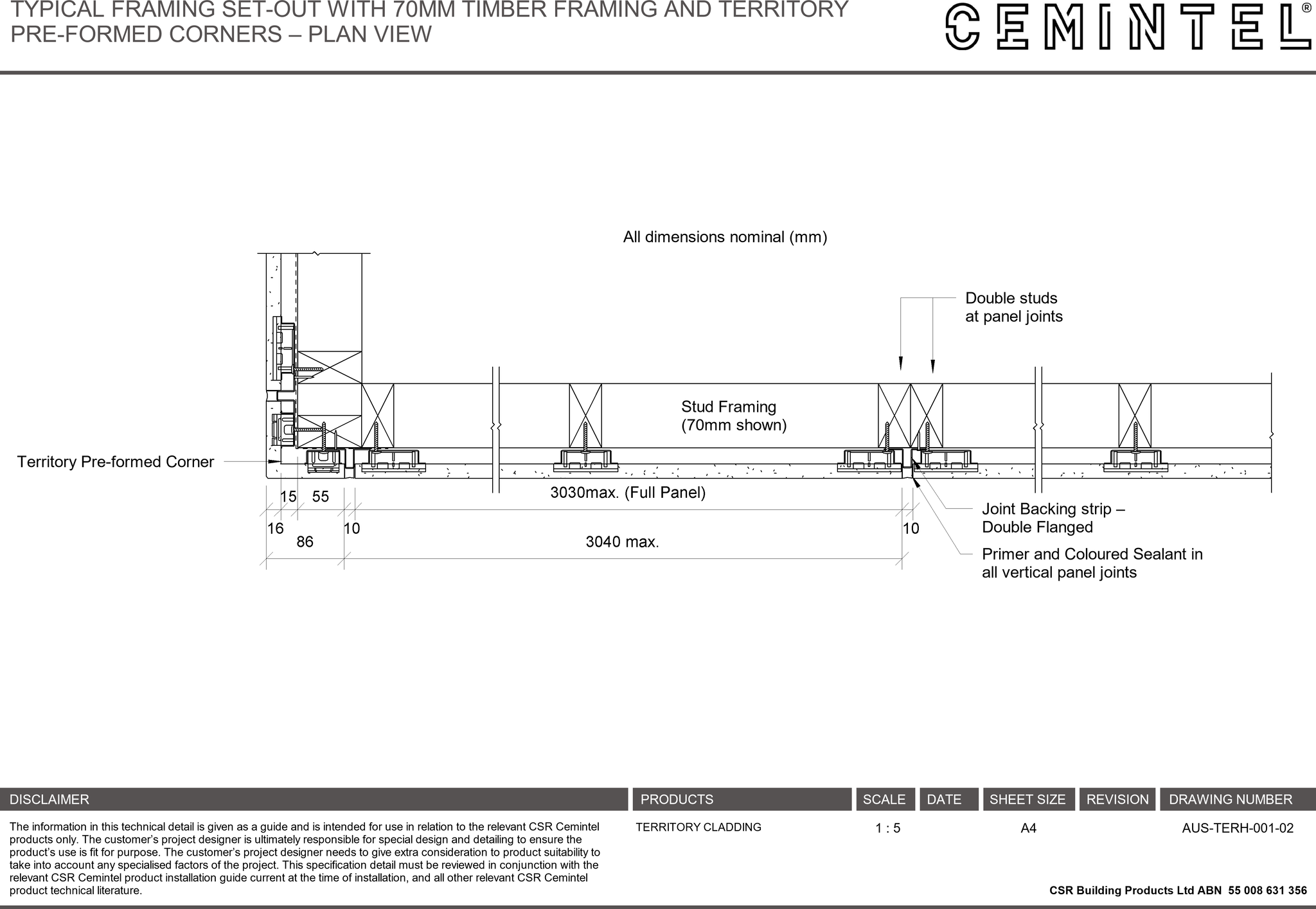 Navigate to AUS-TERH-001-02 - TYPICAL FRAMING SET-OUT WITH 70MM TIMBER FRAMING AND TERRITORY PRE-FORMED CORNERS – PLAN VIEW