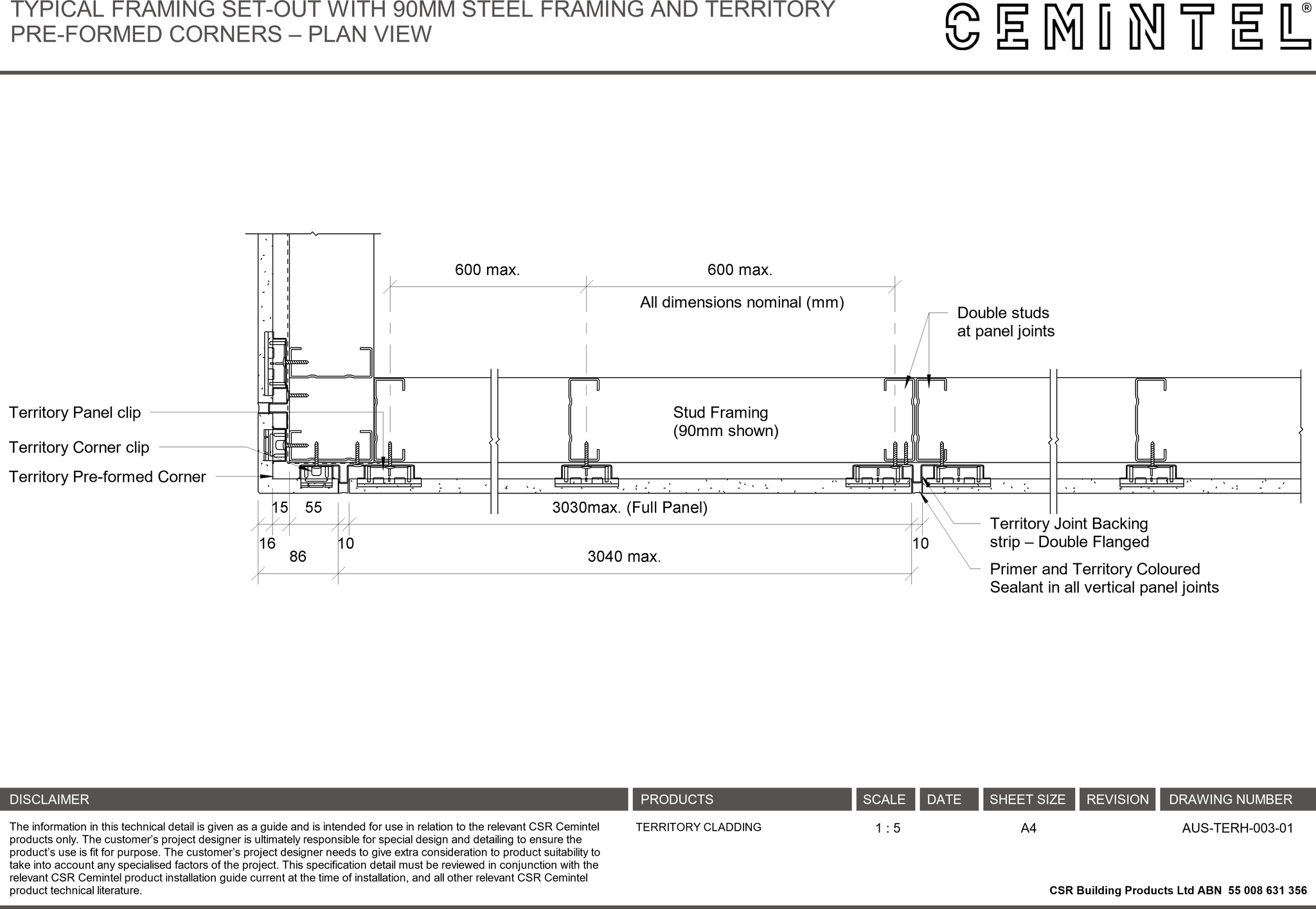 Navigate to AUS-TERH-003-01 - TYPICAL FRAMING SET-OUT WITH 90MM STEEL FRAMING AND TERRITORY PRE-FORMED CORNERS – PLAN VIEW