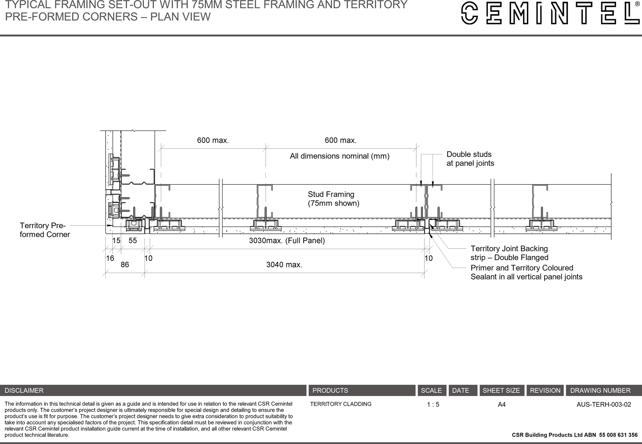 Navigate to AUS-TERH-003-02 - TYPICAL FRAMING SET-OUT WITH 75MM STEEL FRAMING AND TERRITORY PRE-FORMED CORNERS – PLAN VIEW