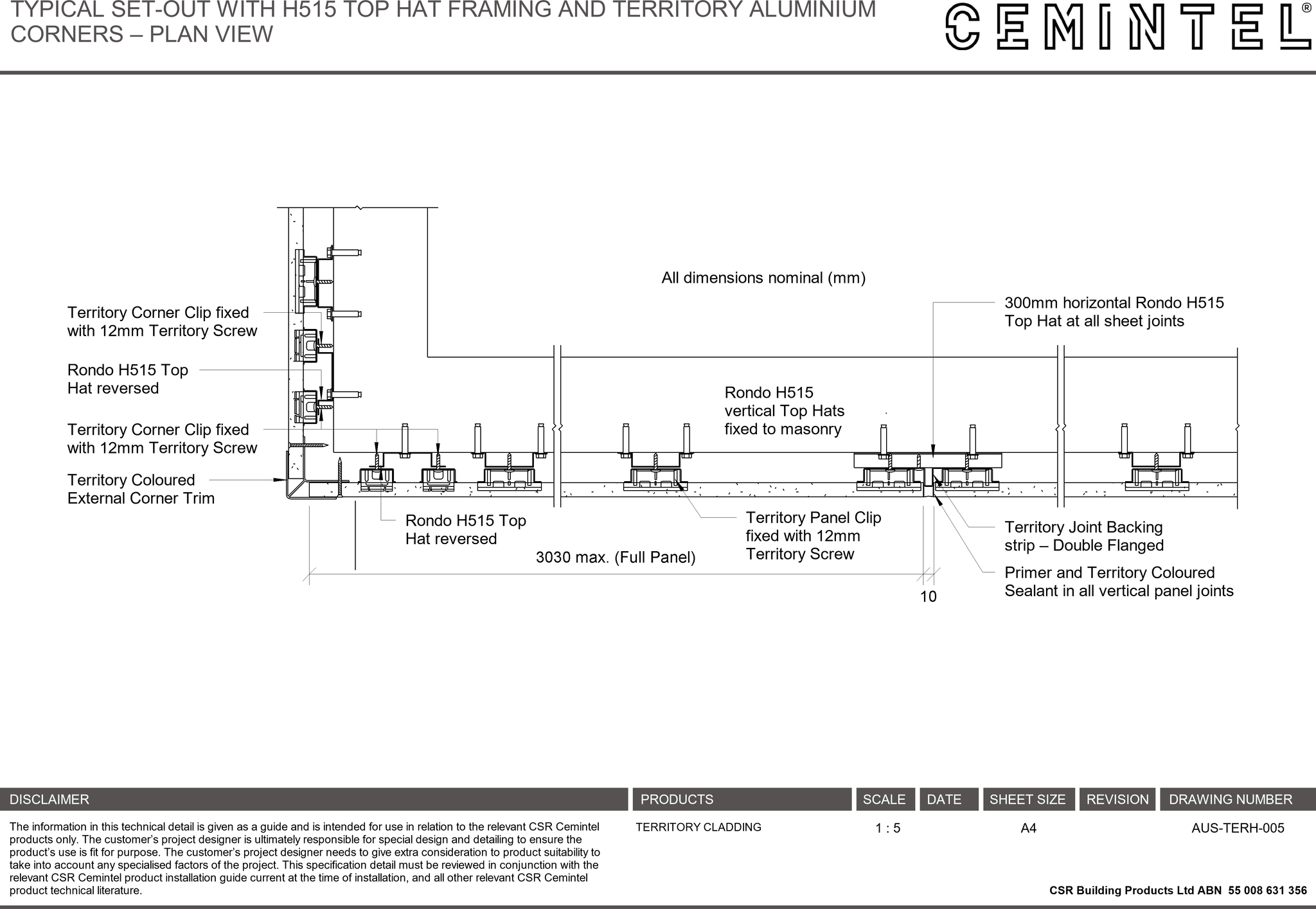 Navigate to AUS-TERH-005 - TYPICAL SET-OUT WITH H515 TOP HAT FRAMING AND TERRITORY ALUMINIUM CORNERS – PLAN VIEW