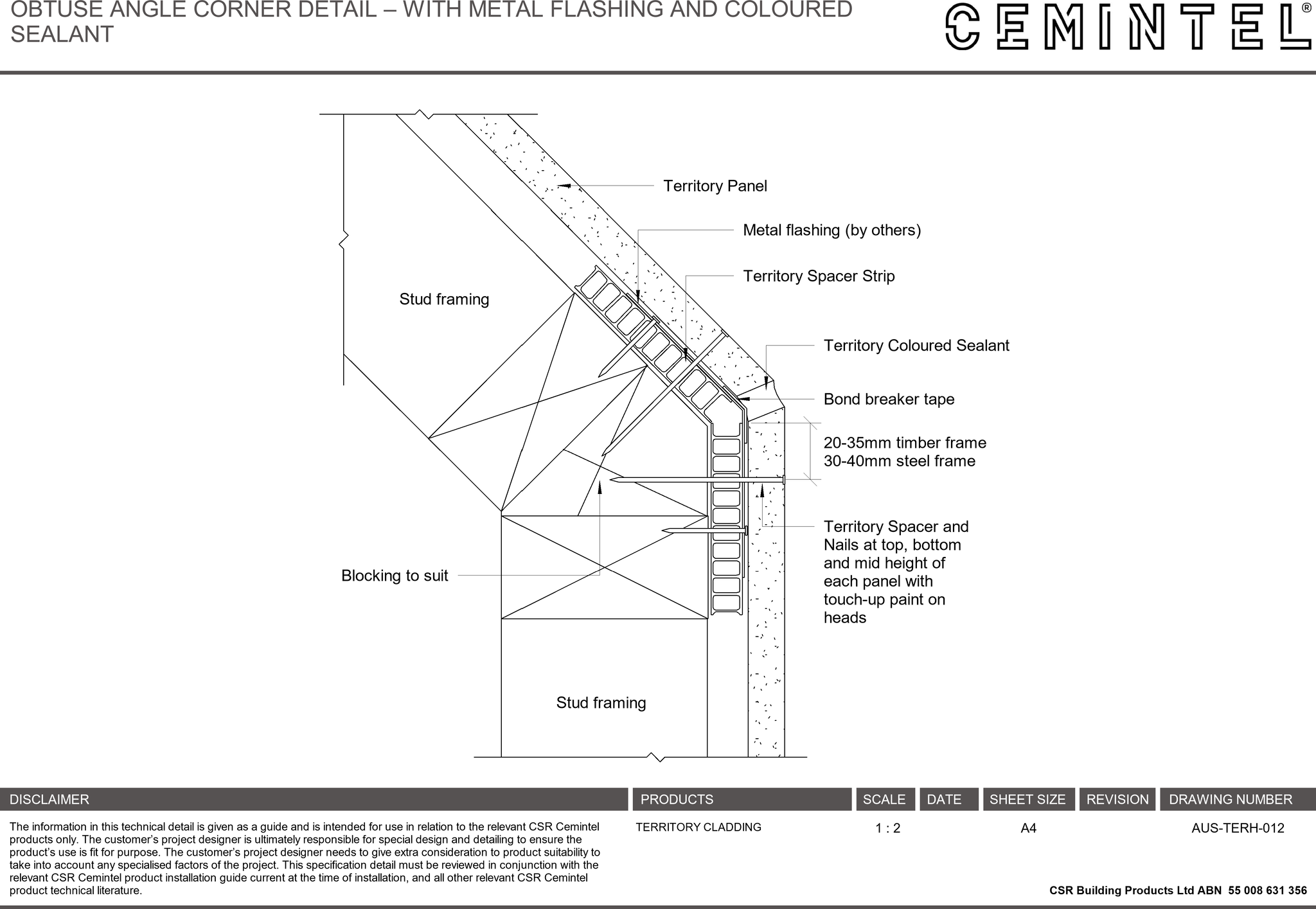 Navigate to AUS-TERH-012 - OBTUSE ANGLE CORNER DETAIL – WITH METAL FLASHING AND COLOURED SEALANT