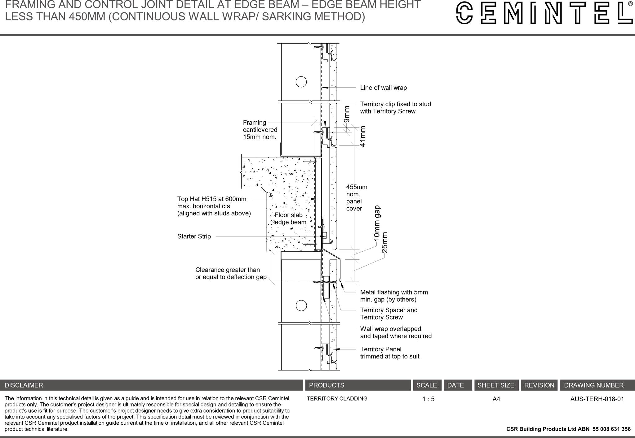 Navigate to AUS-TERH-018-01 - FRAMING AND CONTROL JOINT DETAIL AT EDGE BEAM – EDGE BEAM HEIGHT LESS THAN 450MM (CONTINUOUS WALL WRAP- SARKING METHOD)