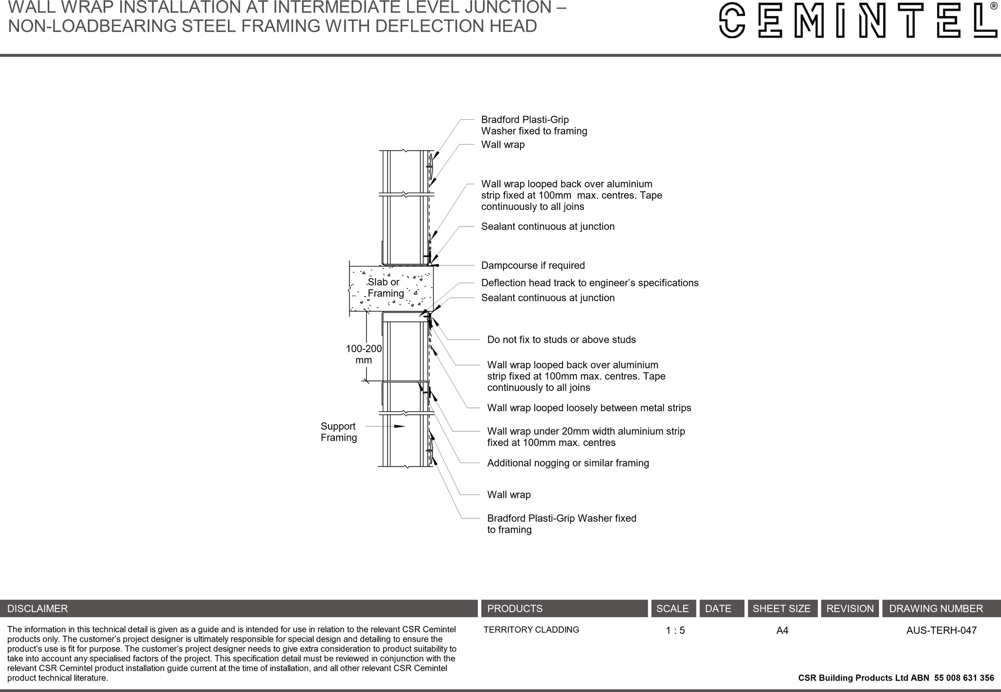 Navigate to AUS-TERH-047 - WALL WRAP INSTALLATION AT INTERMEDIATE LEVEL JUNCTION – NON-LOADBEARING STEEL FRAMING WITH DEFLECTION HEAD