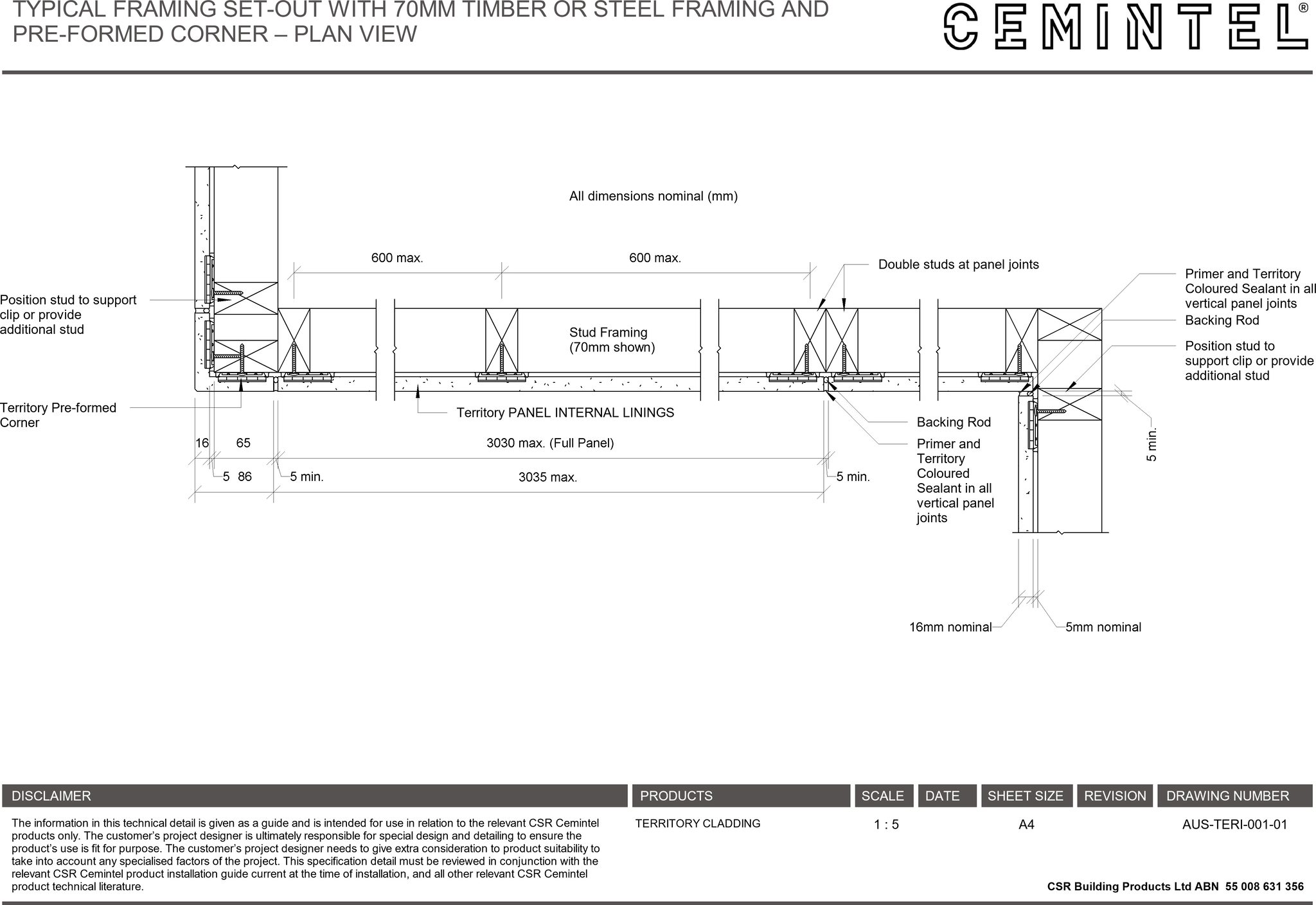 Navigate to AUS-TERI-001-01 - TYPICAL FRAMING SET-OUT WITH 70MM TIMBER OR STEEL FRAMING AND PRE-FORMED CORNER – PLAN VIEW