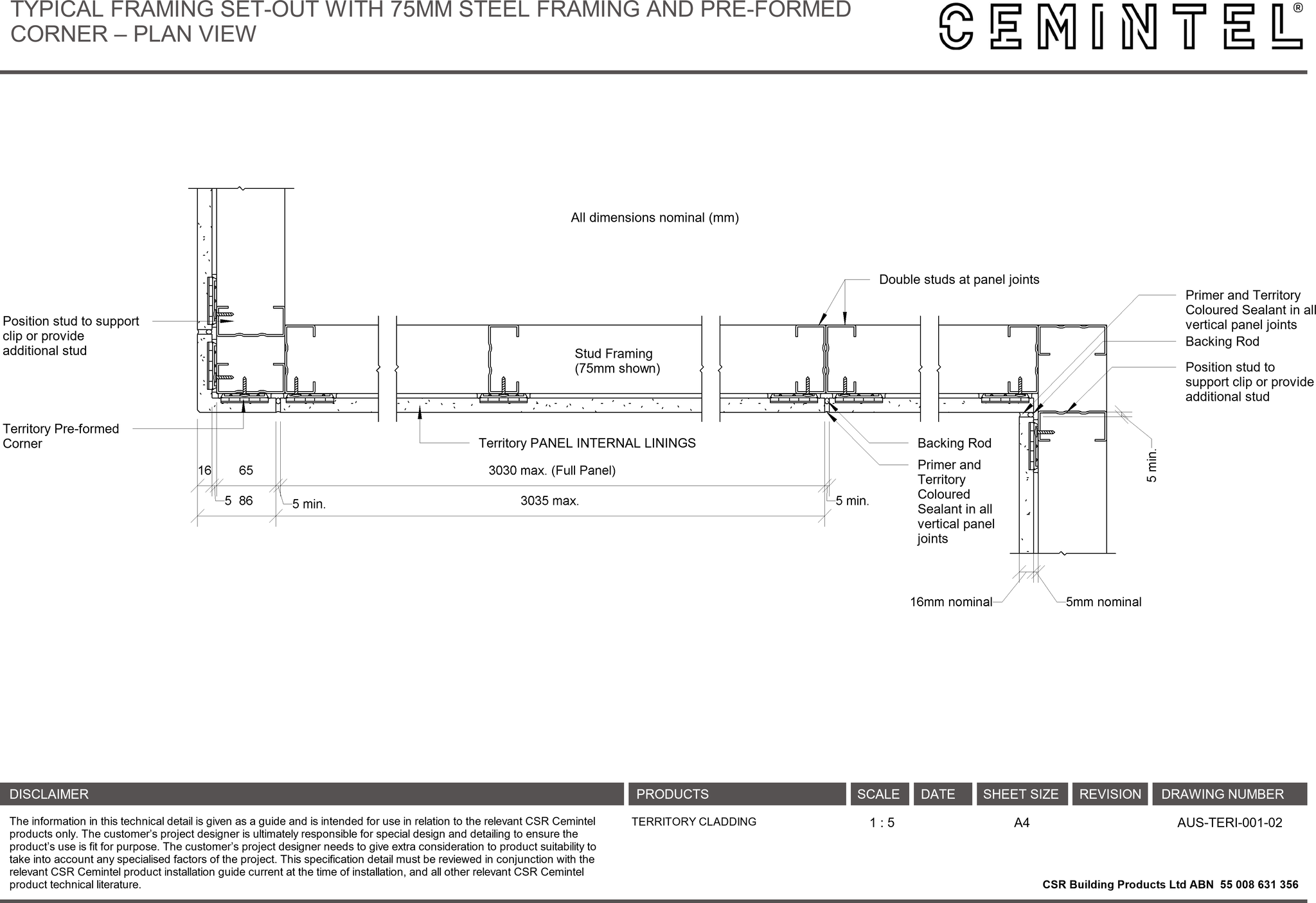  Image of AUS-TERI-001-02 - TYPICAL FRAMING SET-OUT WITH 75MM STEEL FRAMING AND PRE-FORMED CORNER – PLAN VIEW