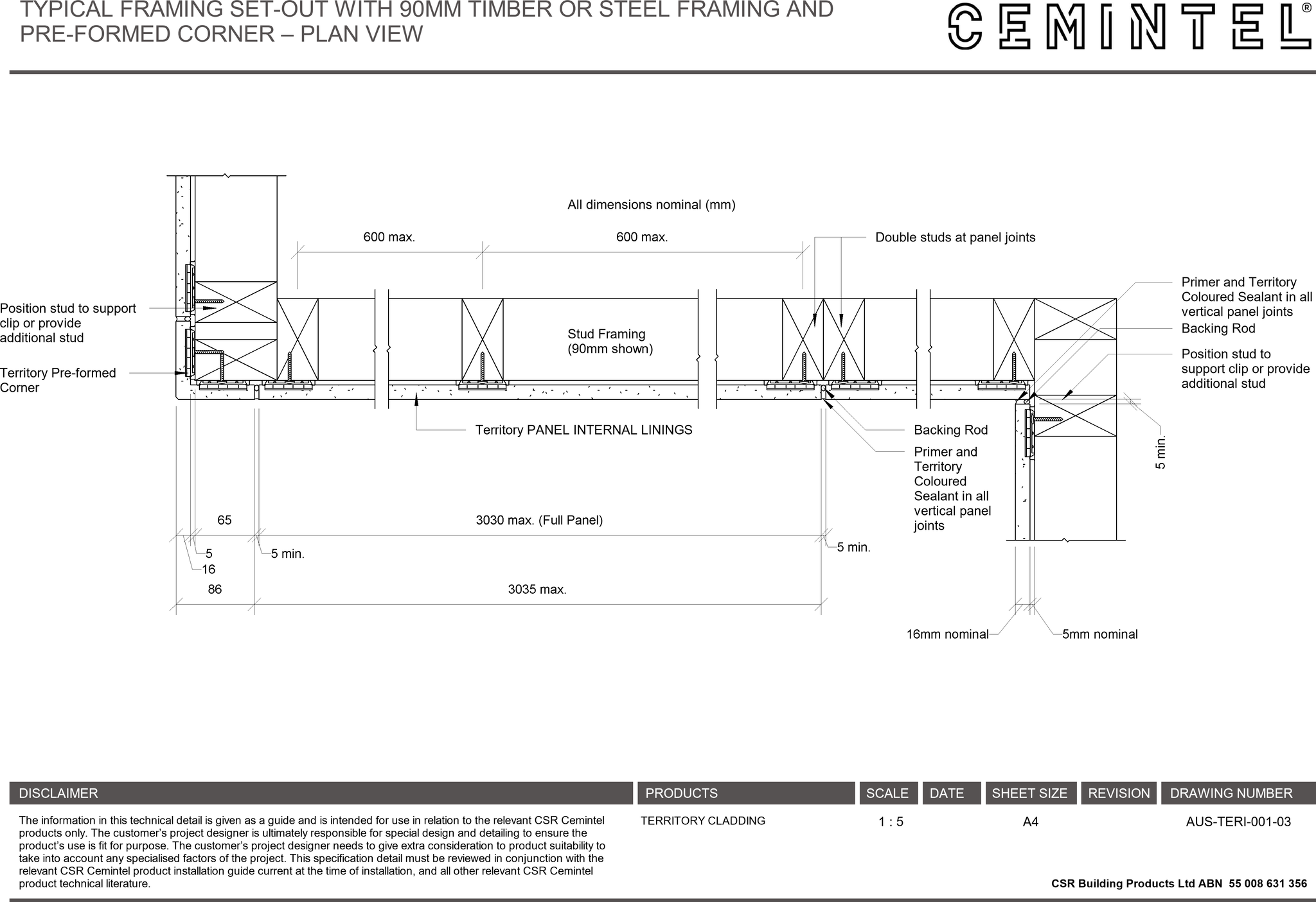 Navigate to AUS-TERI-001-03 - TYPICAL FRAMING SET-OUT WITH 90MM TIMBER OR STEEL FRAMING AND PRE-FORMED CORNER – PLAN VIEW
