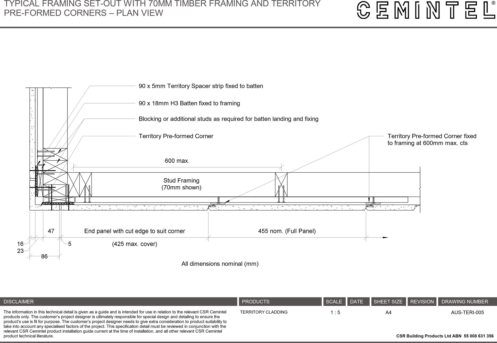 Navigate to AUS-TERI-005 - TYPICAL FRAMING SET-OUT WITH 70MM TIMBER FRAMING AND TERRITORY PRE-FORMED CORNERS – PLAN VIEW