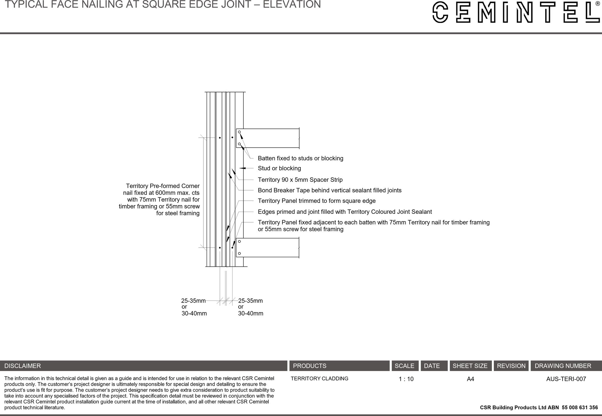 Navigate to AUS-TERI-007 - TYPICAL FACE NAILING AT SQUARE EDGE JOINT – ELEVATION