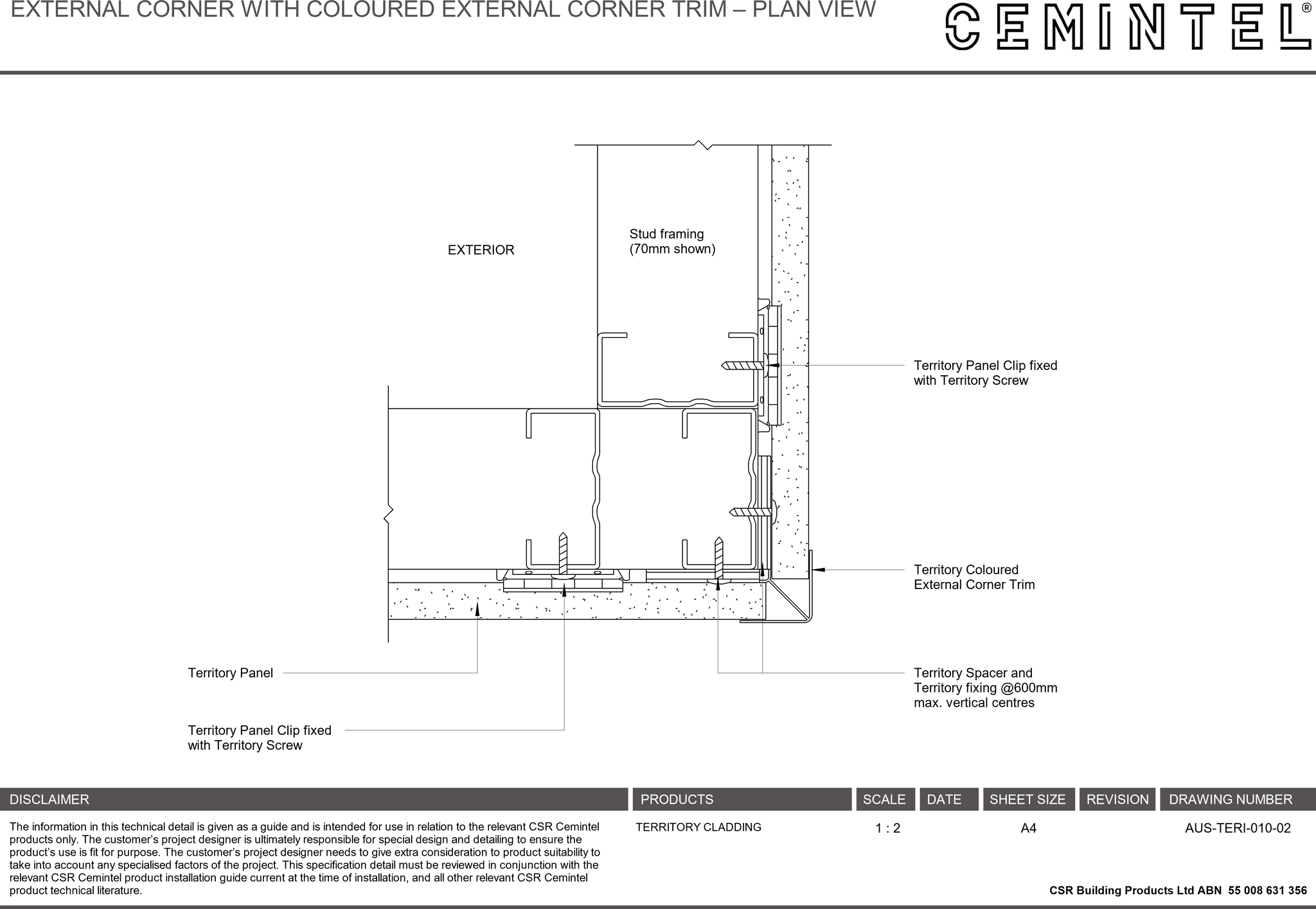 Navigate to AUS-TERI-010-02 - EXTERNAL CORNER WITH COLOURED EXTERNAL CORNER TRIM – PLAN VIEW