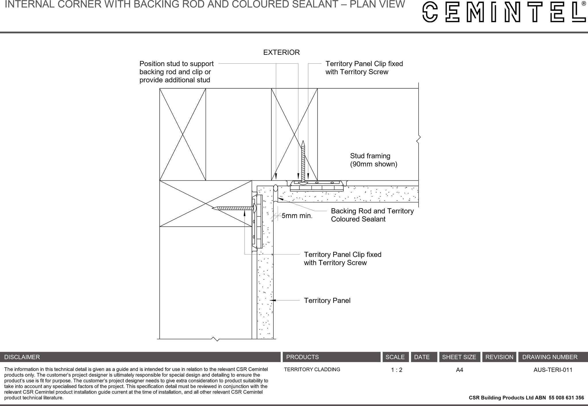 Navigate to AUS-TERI-011 - INTERNAL CORNER WITH BACKING ROD AND COLOURED SEALANT – PLAN VIEW