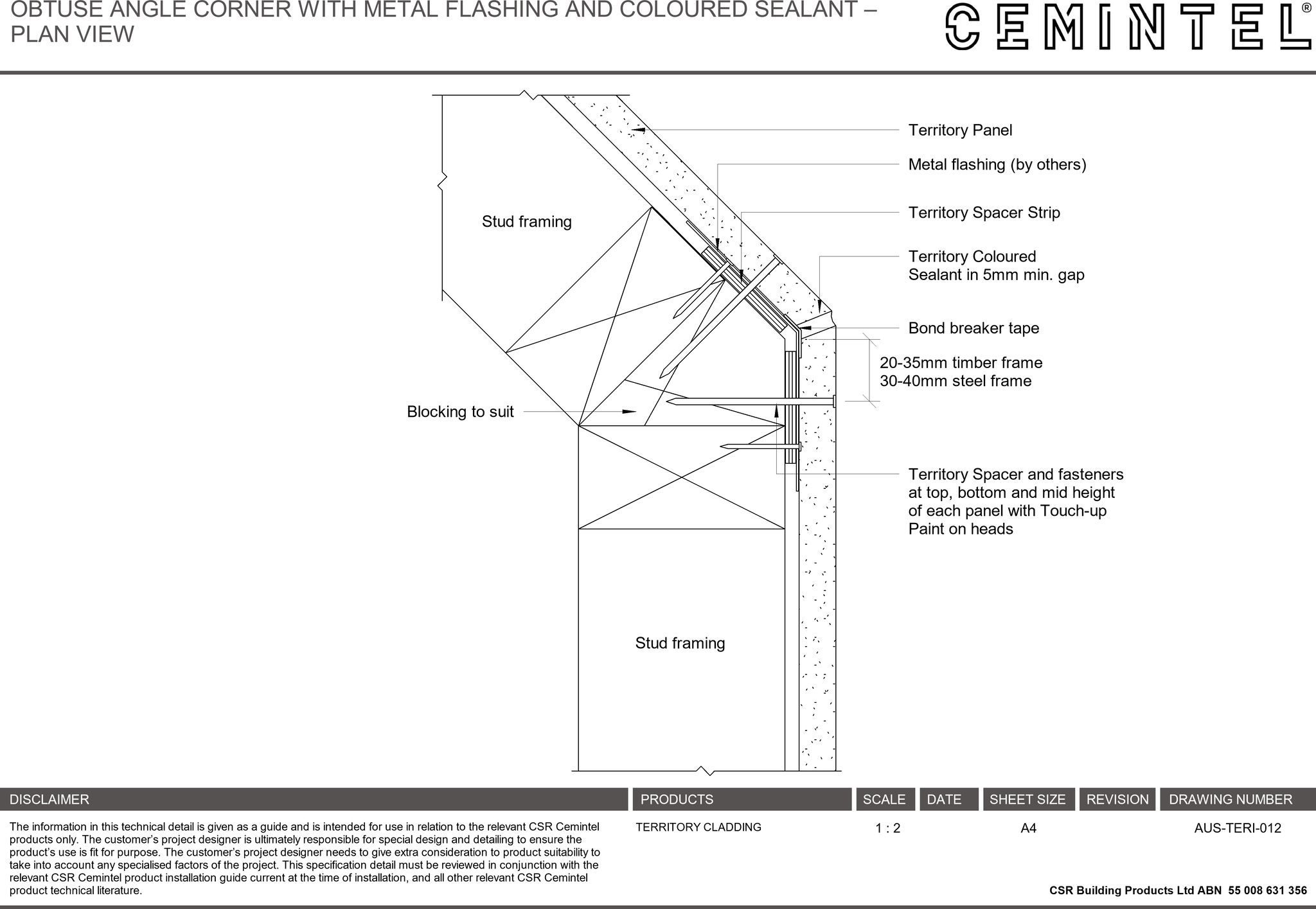 Navigate to AUS-TERI-012 - OBTUSE ANGLE CORNER WITH METAL FLASHING AND COLOURED SEALANT – PLAN VIEW