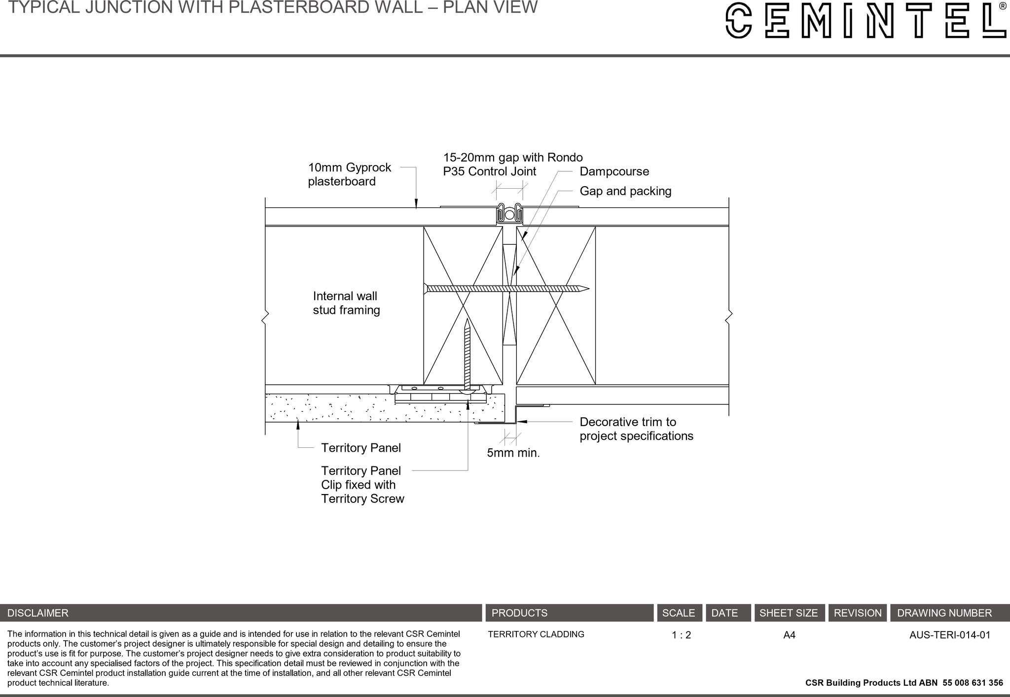 Navigate to AUS-TERI-014-01 - TYPICAL JUNCTION WITH PLASTERBOARD WALL – PLAN VIEW