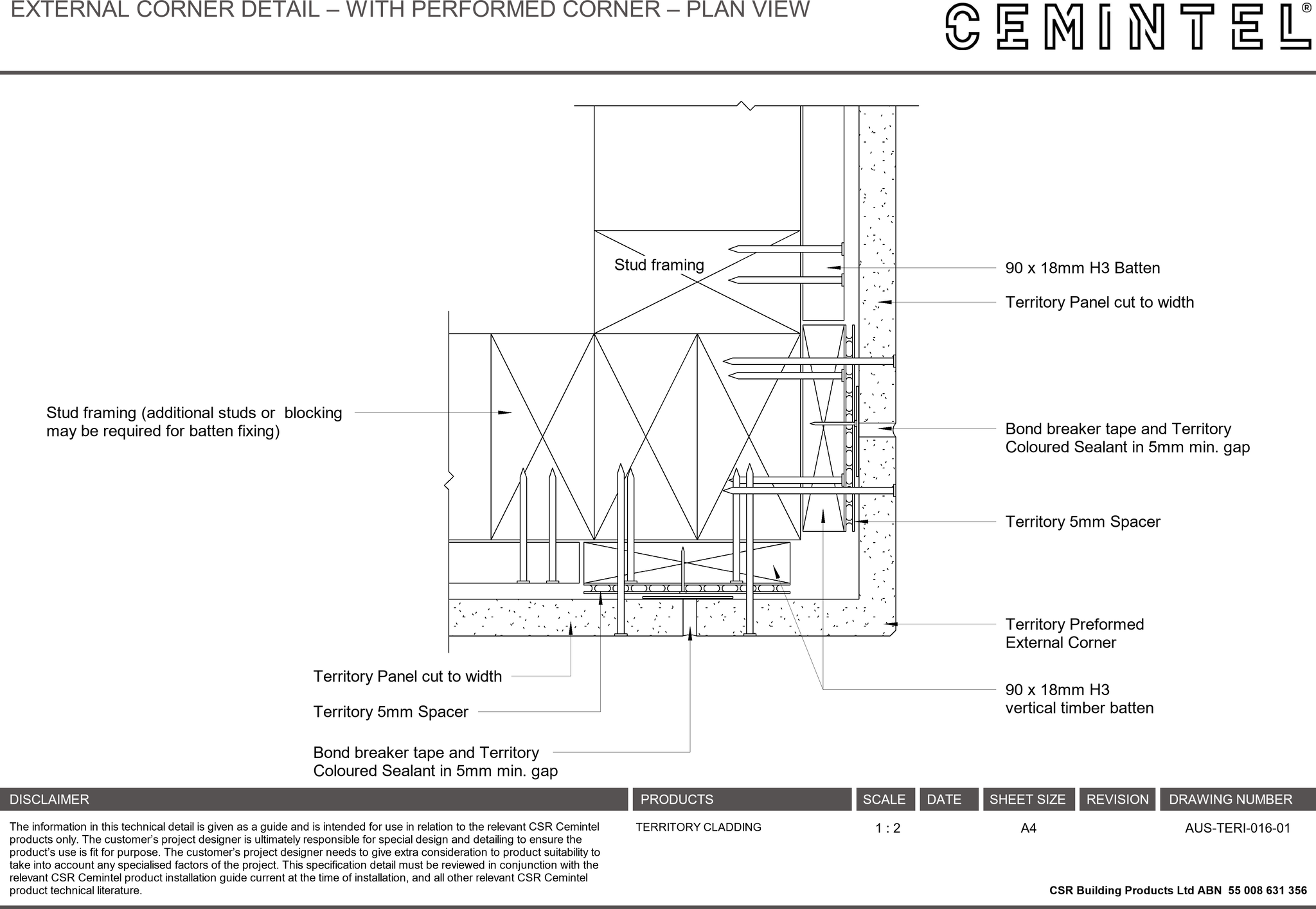 Navigate to AUS-TERI-016-01 - EXTERNAL CORNER DETAIL – WITH PERFORMED CORNER – PLAN VIEW