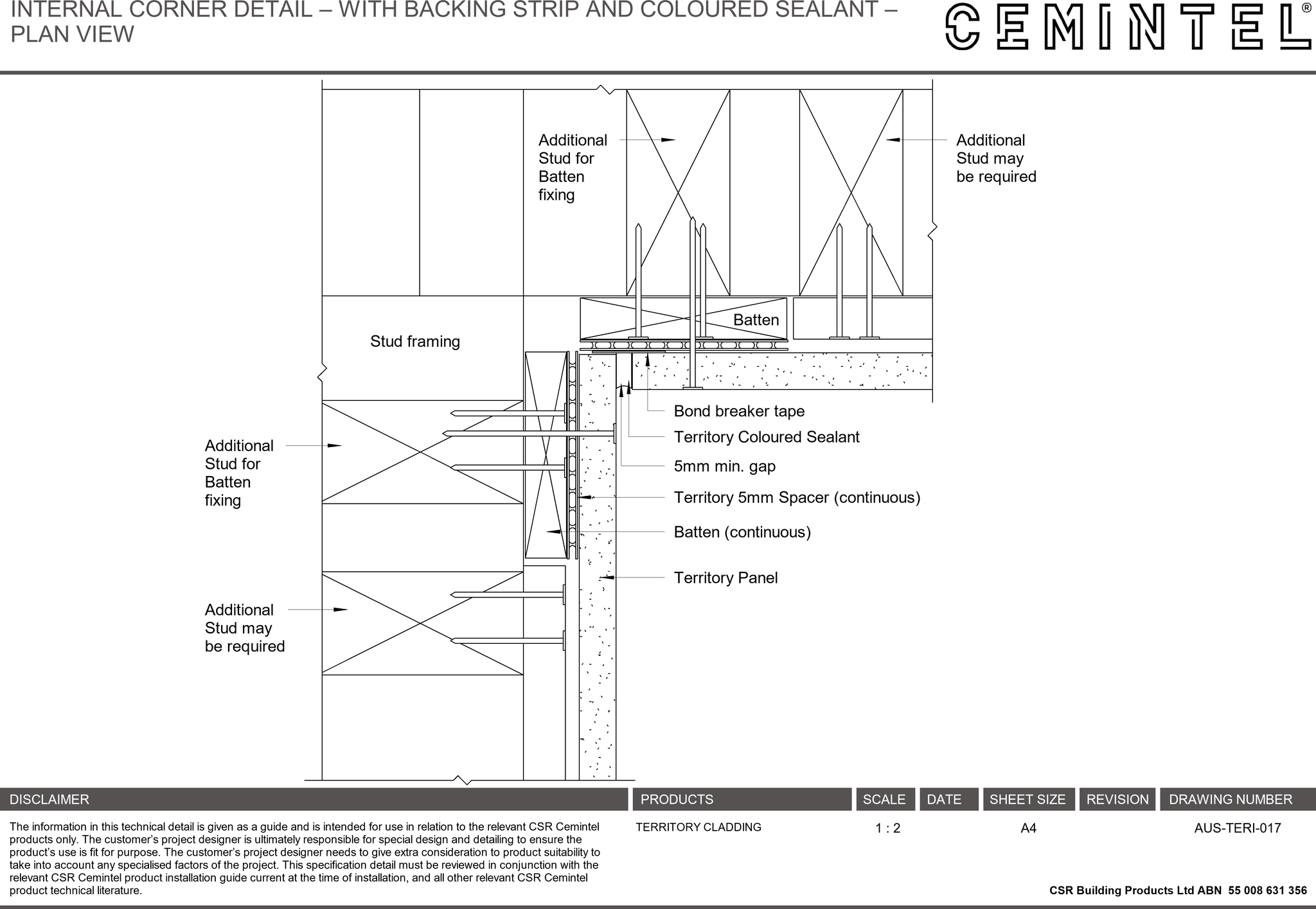 Navigate to AUS-TERI-017 - INTERNAL CORNER DETAIL – WITH BACKING STRIP AND COLOURED SEALANT – PLAN VIEW