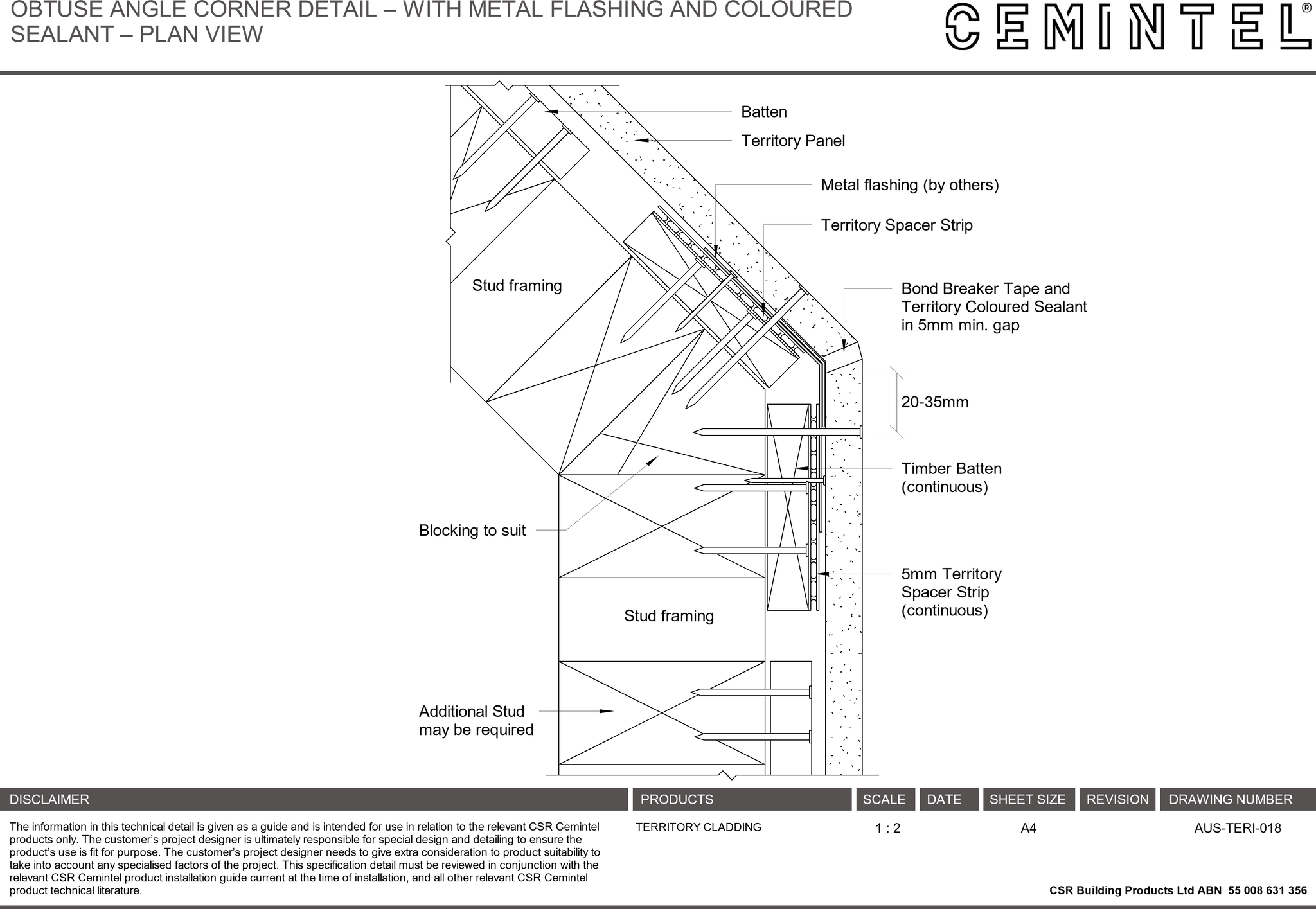Navigate to AUS-TERI-018 - OBTUSE ANGLE CORNER DETAIL – WITH METAL FLASHING AND COLOURED SEALANT – PLAN VIEW