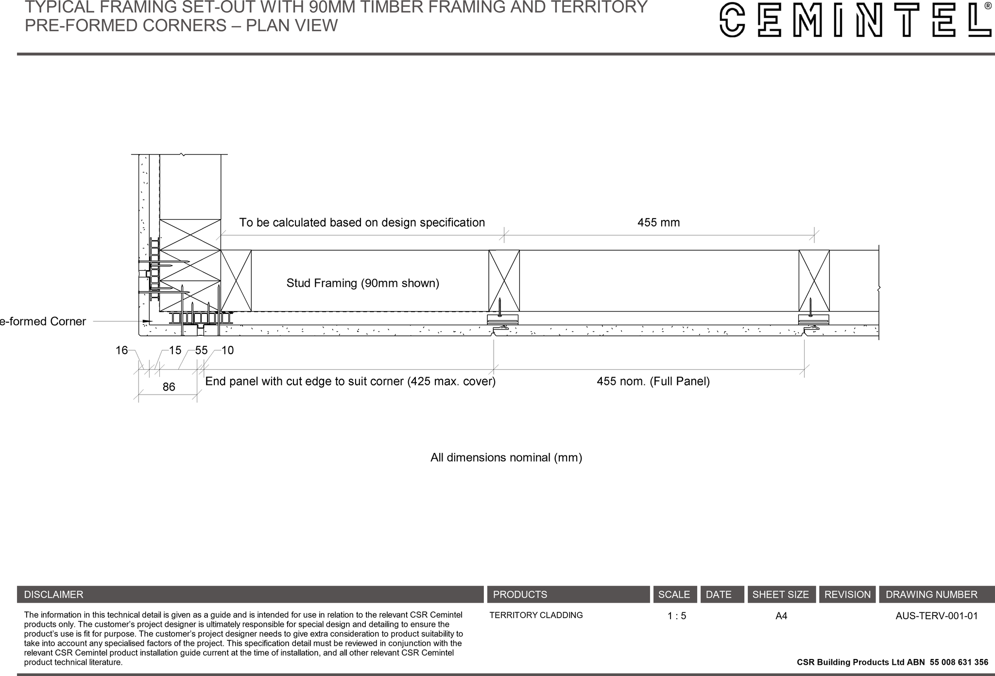 Navigate to AUS-TERV-001-01 - TYPICAL FRAMING SET-OUT WITH 90MM TIMBER FRAMING AND TERRITORY PRE-FORMED CORNERS – PLAN VIEW