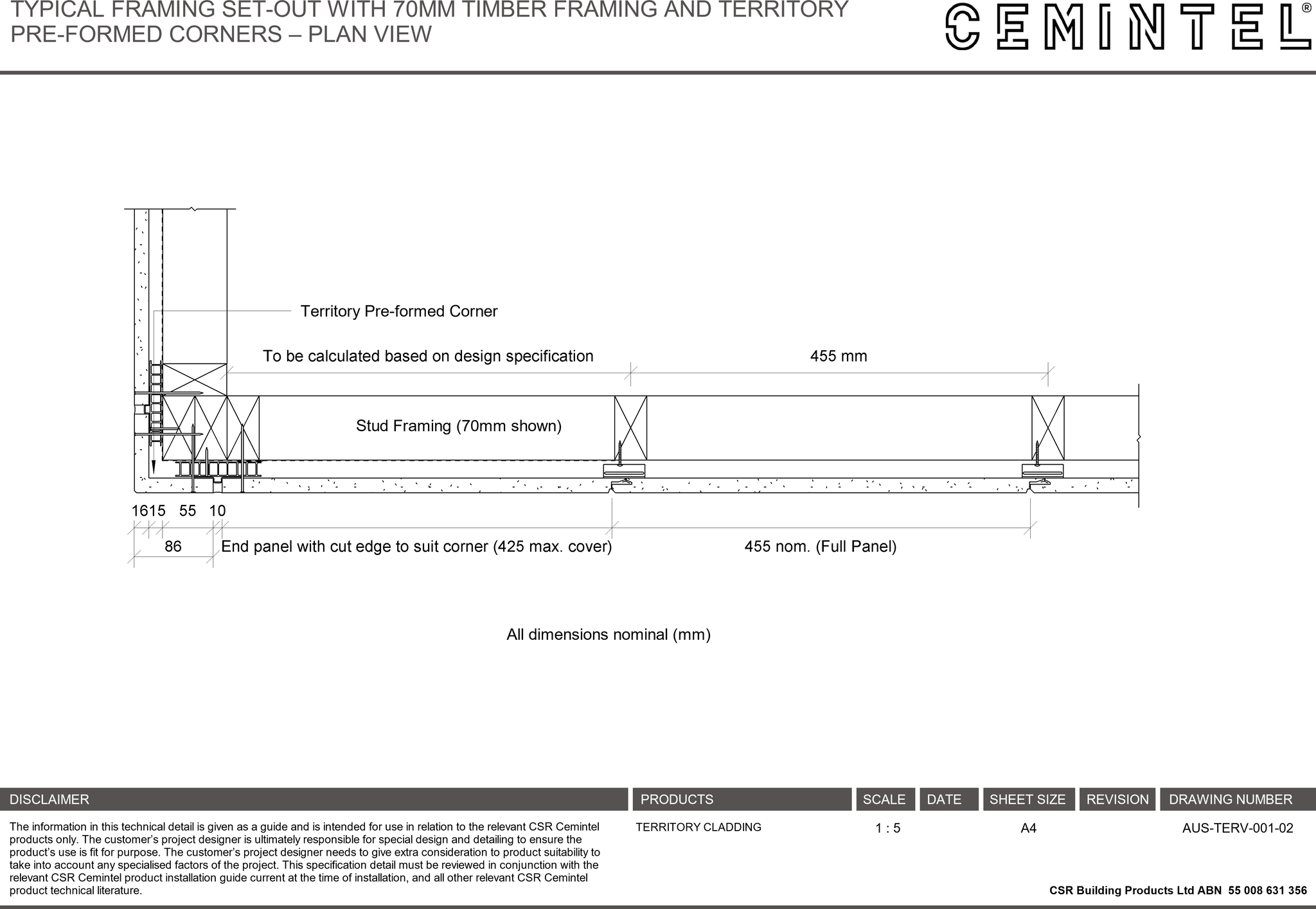 Navigate to AUS-TERV-001-02 - TYPICAL FRAMING SET-OUT WITH 70MM TIMBER FRAMING AND TERRITORY PRE-FORMED CORNERS – PLAN VIEW